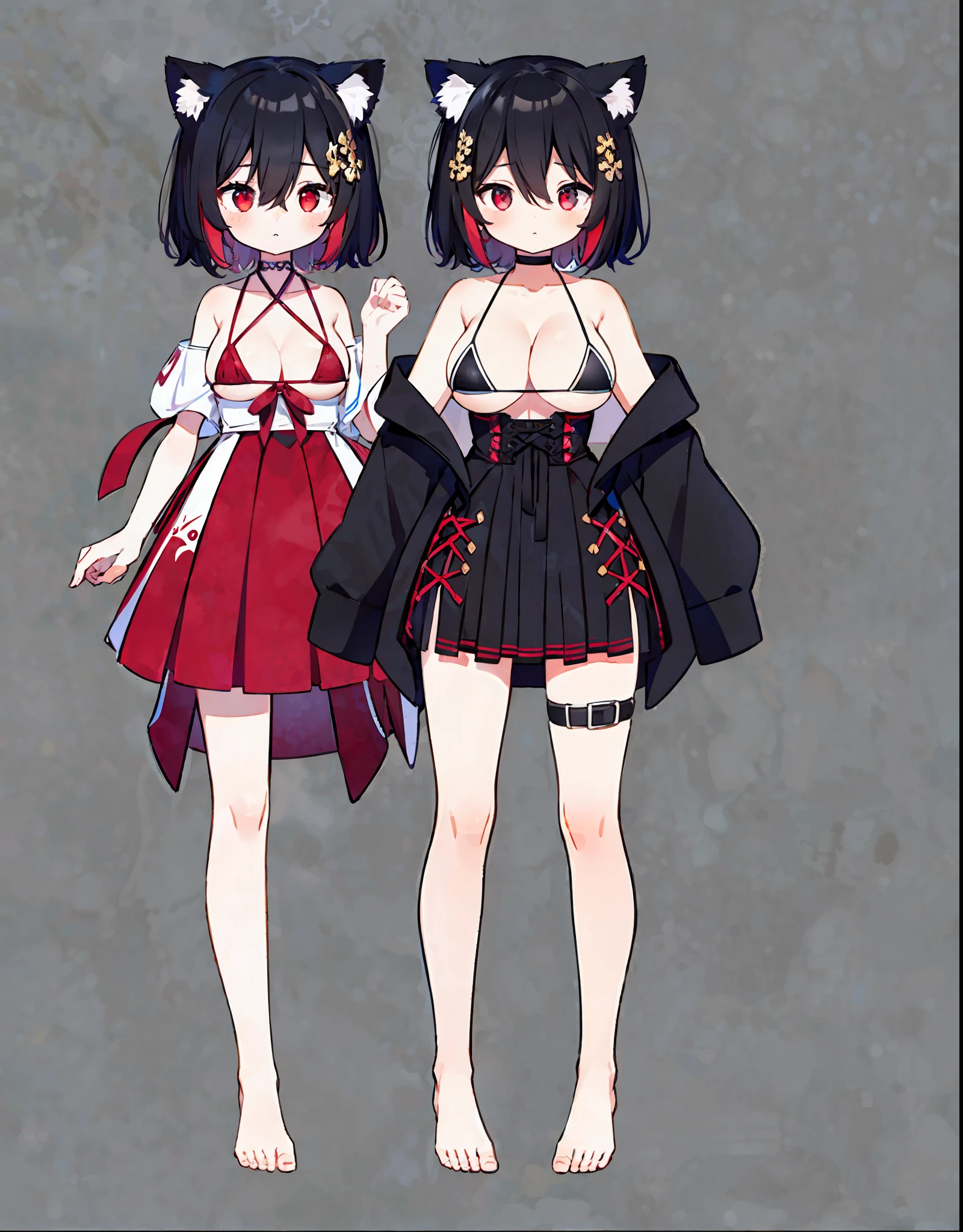 girl,cat ears ,big boobs ,black hair ,red eyes ,short hair ,red hairpin ,messy hair,hair between eyes ,(full body ,standing ,micro bikini ,bare shoulders ,sleeveless,bare feet ,bare legs ,cleavage)