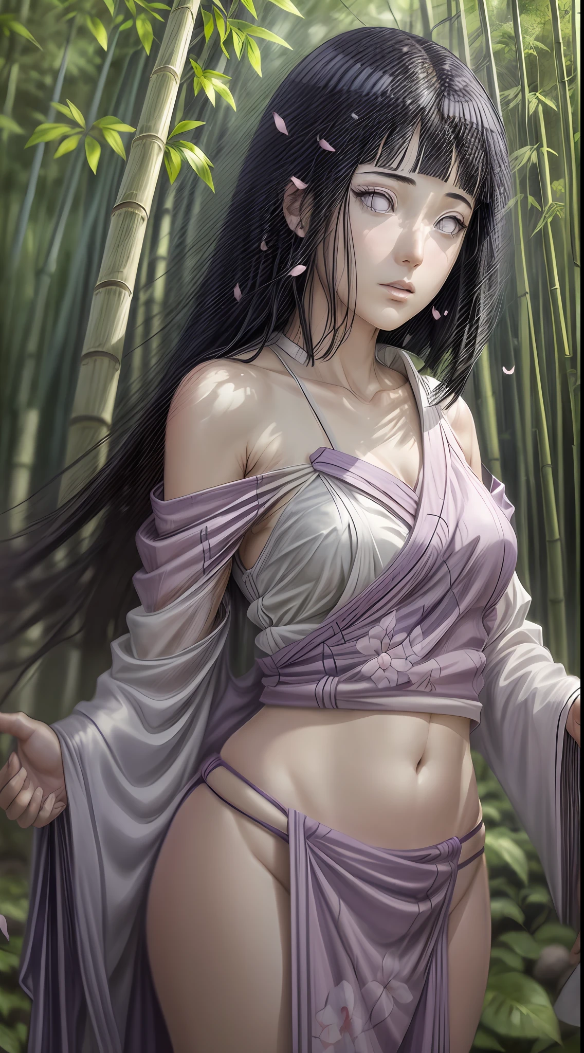 In a serene bamboo forest, Hinata Hyûga from Naruto stands beneath a canopy of lush green leaves. Her porcelain skin glows under the gentle sunlight that filters through the dense foliage. Dressed in a delicate combination of light purple, white, and salmon pink, she emanates purity and tranquility. Hinata's age of 25 is reflected in her confident stance and poised expression. Her striking light violet eyes, devoid of irises, exude an aura of wisdom and inner vision. As a gentle breeze sweeps through the forest, her jet-black hair cascades around her, blending with the falling cherry blossom petals. The environment exudes a sense of natural harmony and serenity, inviting viewers into a world of quiet introspection. Painting, executed with watercolors on textured paper, capturing the softness and delicacy of the scene