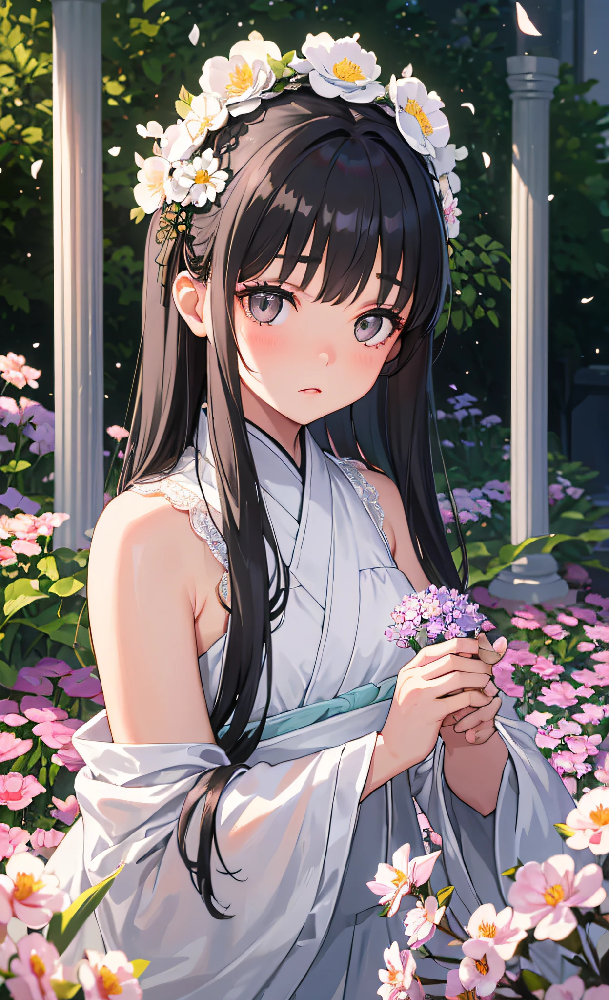 (Little Girl: 1.5), Lace, Ribbon, Hanfu, (Masterpiece, Side Light, Delicate and Beautiful Gray Eyes: 1.2), Masterpiece, Realistic, Glowing Eyes, Shiny Hair, Dark Hair, Shiny Skin, Celibate, Embarrassed, Bare Shoulders, Delicate, Beautiful, Garden, Flowers, Fluttering Petals,