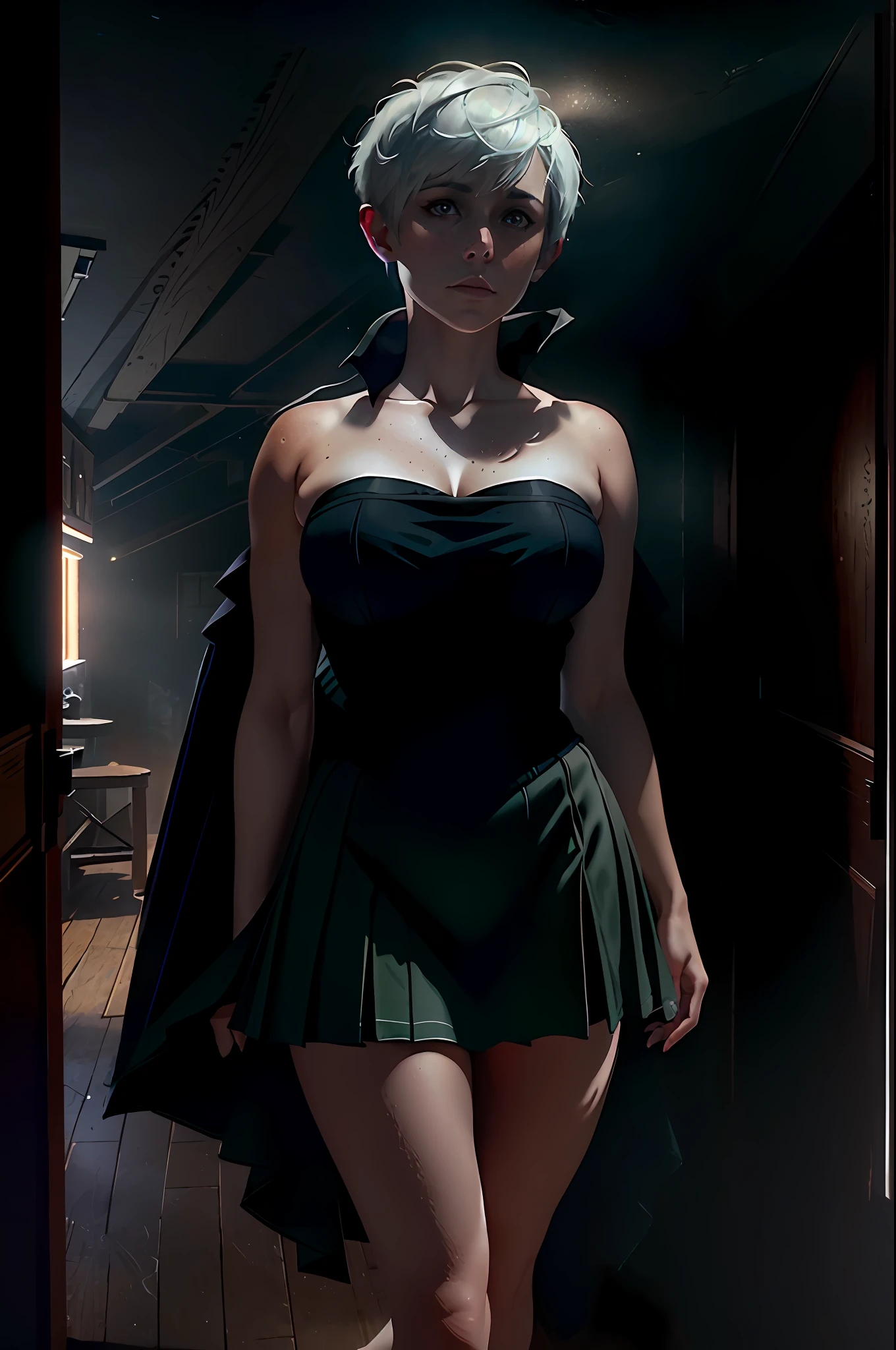deep shadow, sinister, award winning photo, best quality, masterpiece, upper body, [white swedish blonde] woman, [short hair, (((pixie cut)))], freckled face, emerald eyes, modern strapless dress  by Jeremy Lipking, by Antonio J. Manzanedo, by lee jeffries nikon d850 film stock photograph 4 kodak portra 400 camera f1.6 lens rich colors hyper realistic lifelike texture dramatic lighting unreal engine trending on artstation cinestill 800, fisheye lens, Style-Kilt, windy beach, scottish loch, forest