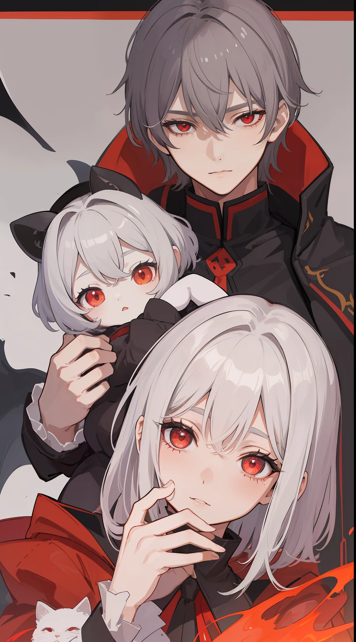 1man, sharp red eyes with cat pupils, gray short hair and he was wearing the demon lord robes, he holding his 1 daughter ((41 year old face))