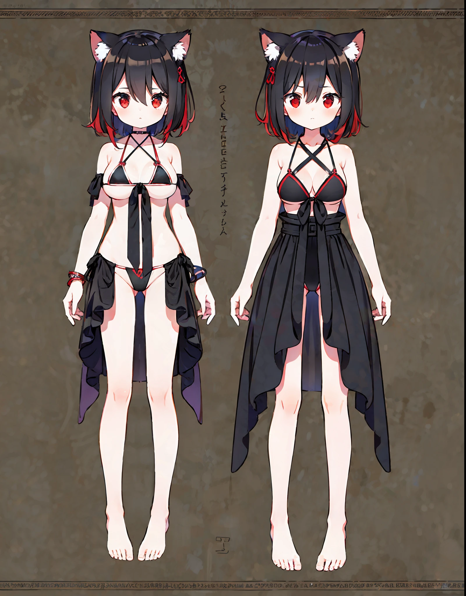 girl,cat ears ,big boobs ,black hair ,red eyes ,short hair ,red hairpin ,messy hair,hair between eyes ,(full body ,standing ,micro bikini ,bare shoulders ,sleeveless,bare feet ,bare legs ,cleavage)