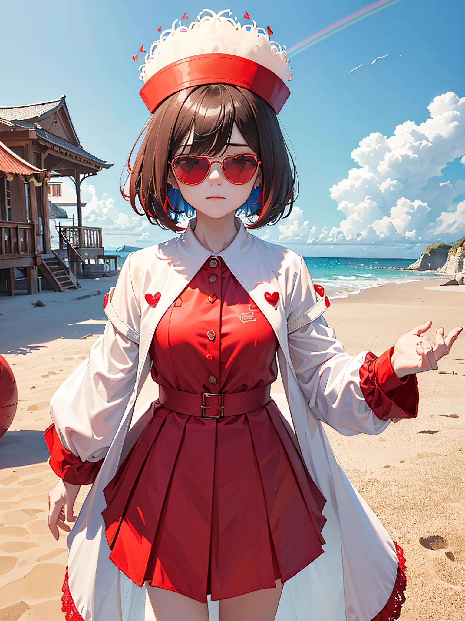 (((Shih Tzu, red lace pleated skirt, red polo shirt, heart, berets, colored sand beach on background, colored beach, castle, red sunglasses, white gauze coat, transparent raincoat jacket, pool, colored beach, shell, pearl neck hanging, crystal, crispy, shy, white viscous liquid))), (((super detailed, extreme detail))), super fine painting, master made, highest quality, 8k, light rainbow shiny hair, short hair, perfect eye makeup, light makeup, (((layering, sense of space, Advanced composition)))