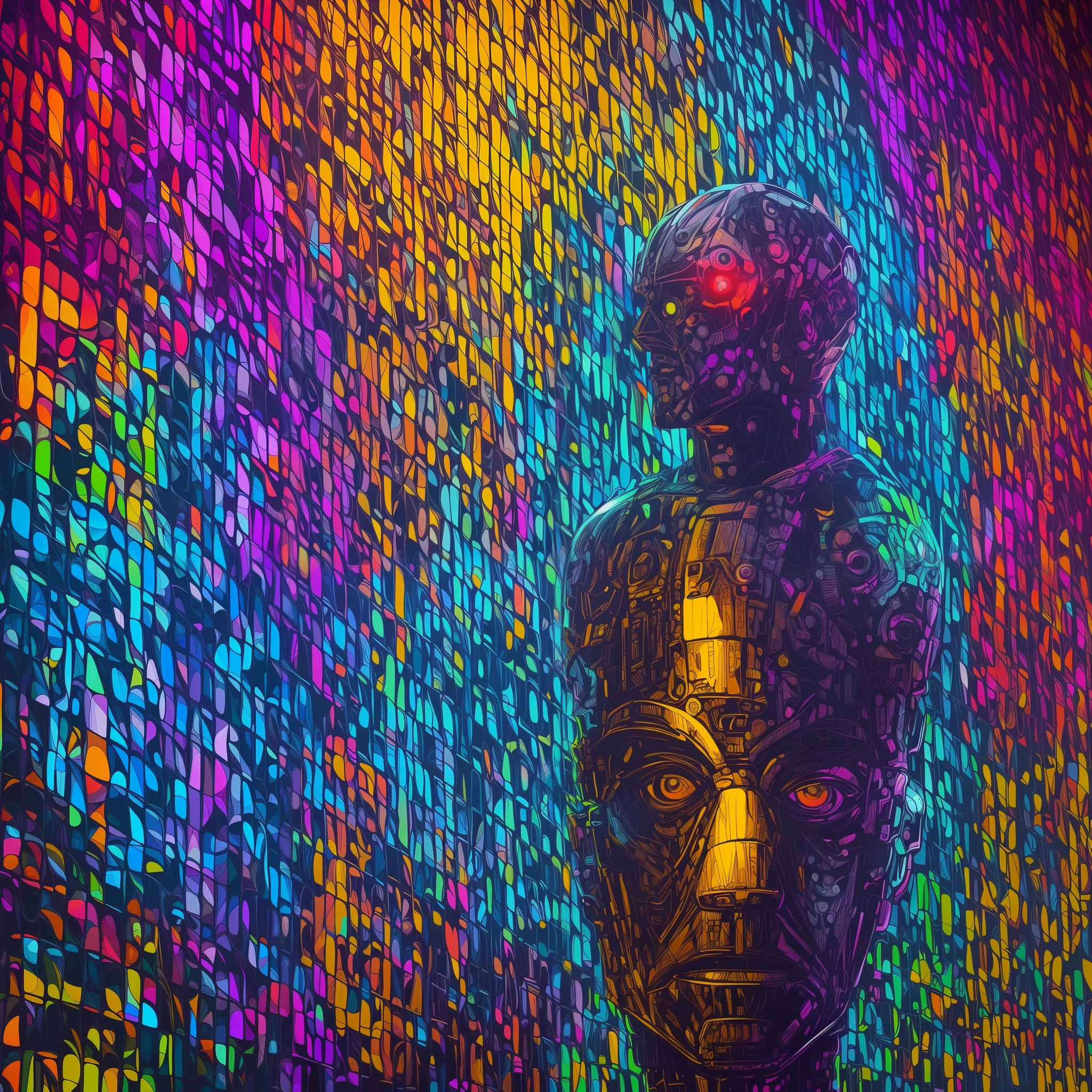 Photo of an award-winning masterpiece with psychedelic cyborg standing on City Street on a rainy night --auto --s2