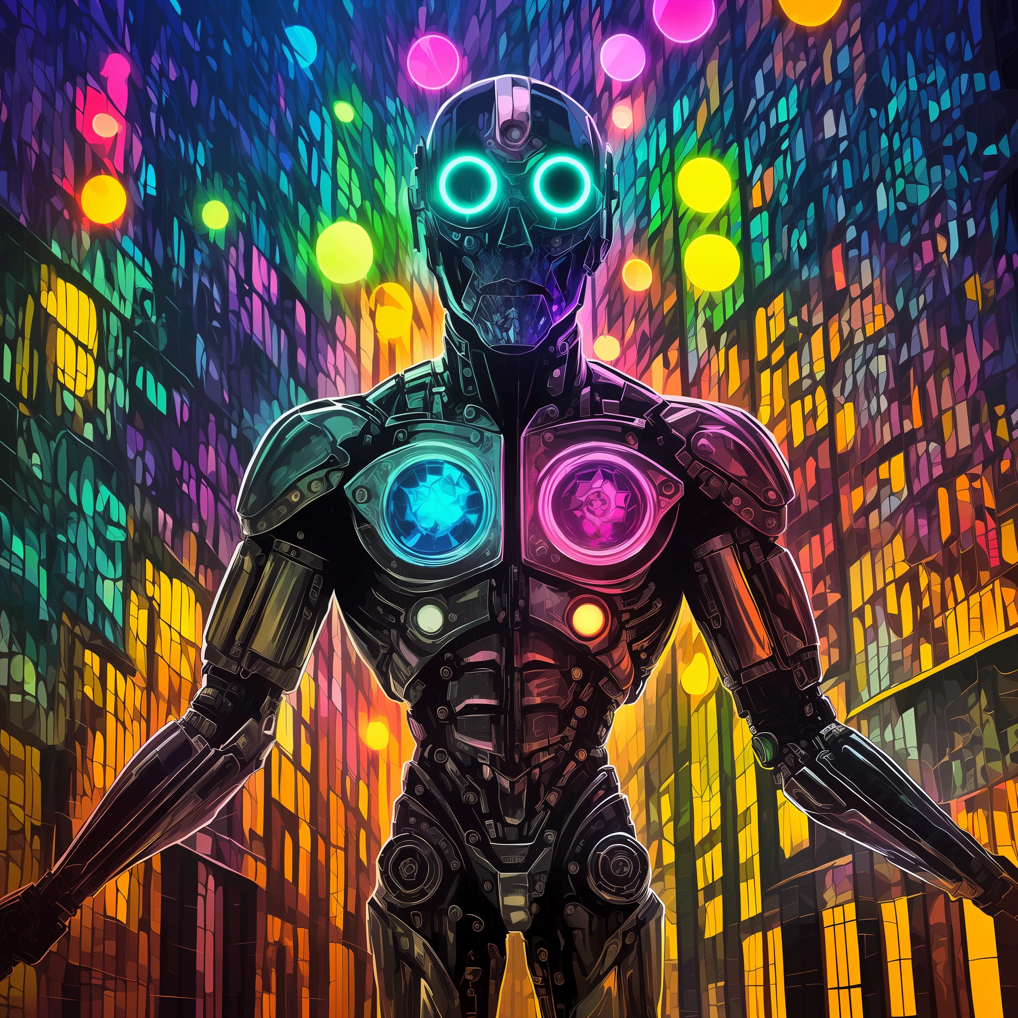 Photo of an award-winning masterpiece with psychedelic cyborg standing on City Street on a rainy night --auto --s2