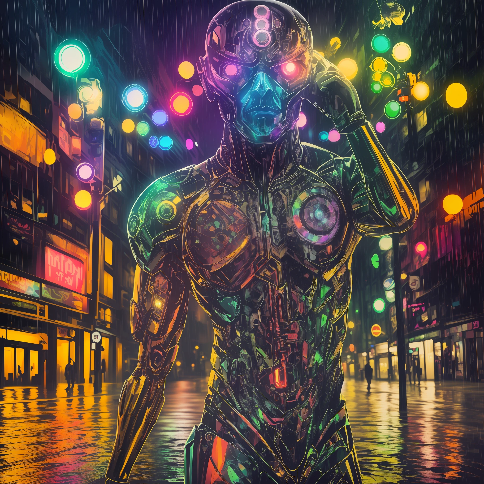 Photo of an award-winning masterpiece with psychedelic cyborg standing on City Street on a rainy night --auto --s2