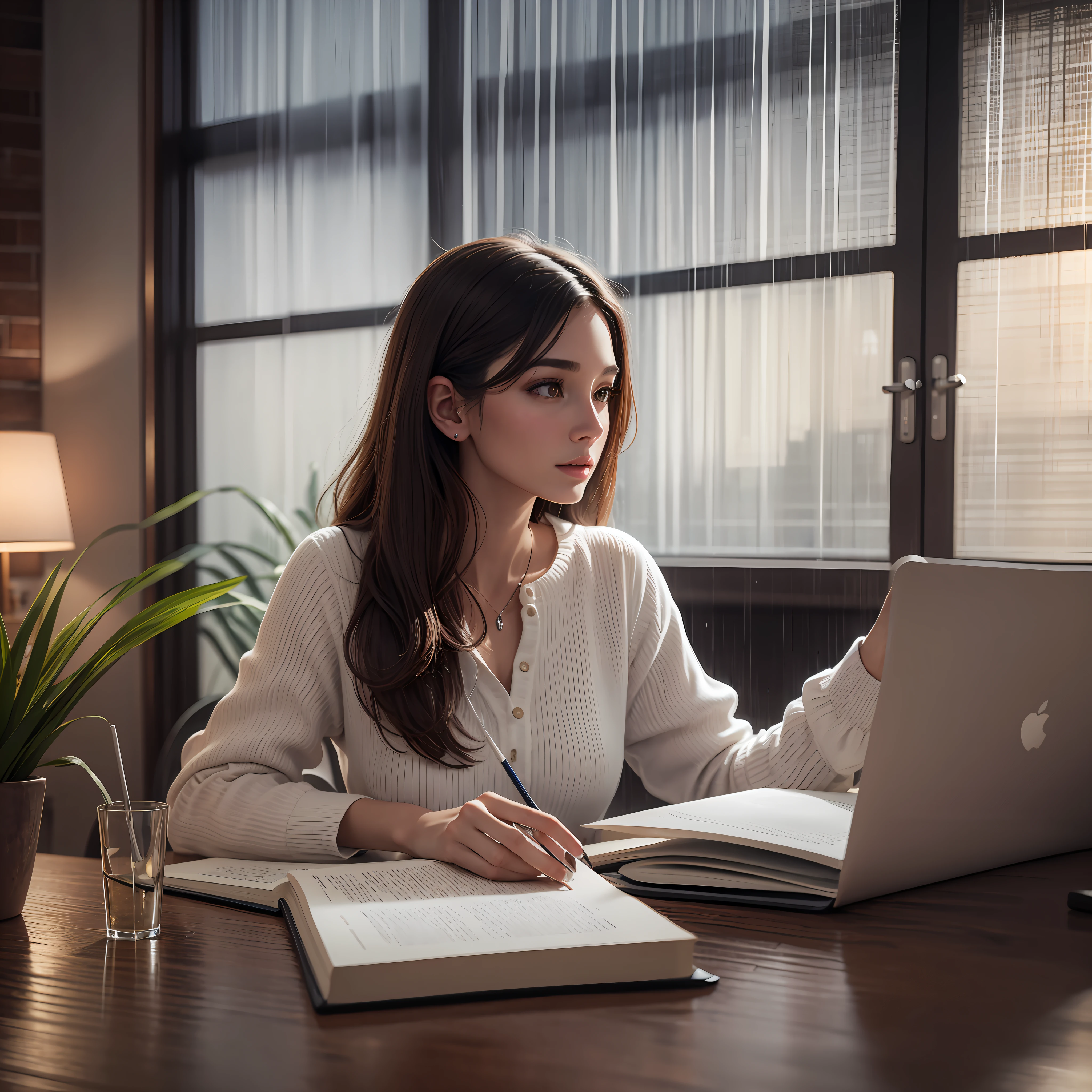 beautiful woman study at study desk, beautiful home interior, rain outside, smooth, sharp focus, 8k, octane render, night