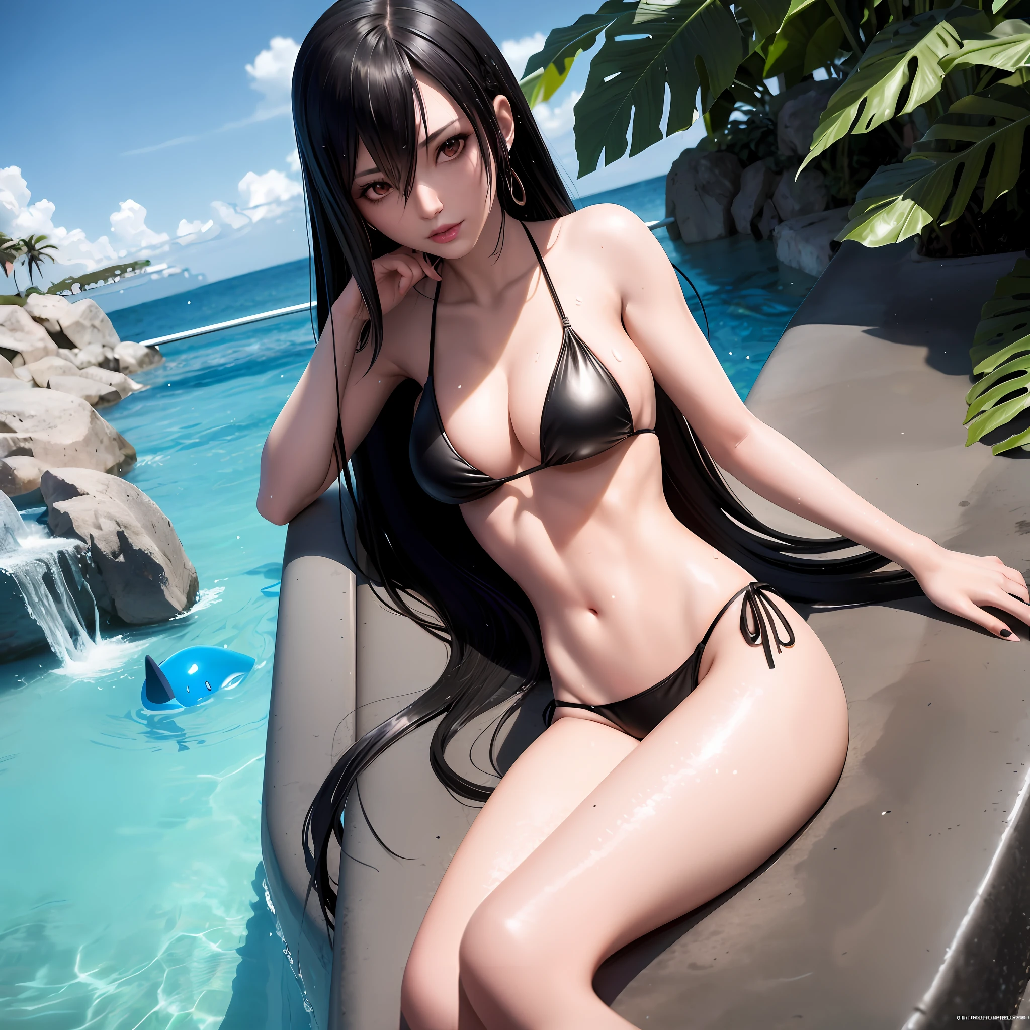 araffe in a black bikini posing in a pool, swimsuit, wet swimsuit, is wearing a swimsuit, sexy pose, oppai cyberpunk, irelia from league of legends, tifa lockhart, swimsuit model, bathing suit, cutesexyrobutts, irelia, range murata and artgerm, japanese goddess, tifa, seductive tifa lockhart portrait