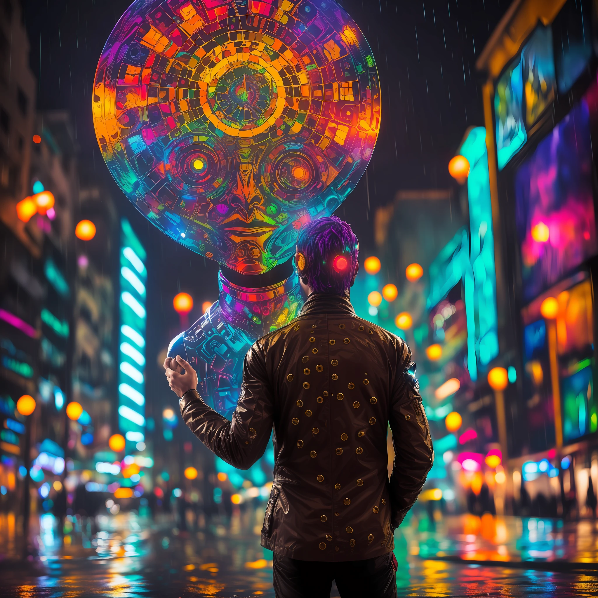 Photo of an award-winning masterpiece with psychedelic cyborg standing on City Street on a rainy night --auto --s2