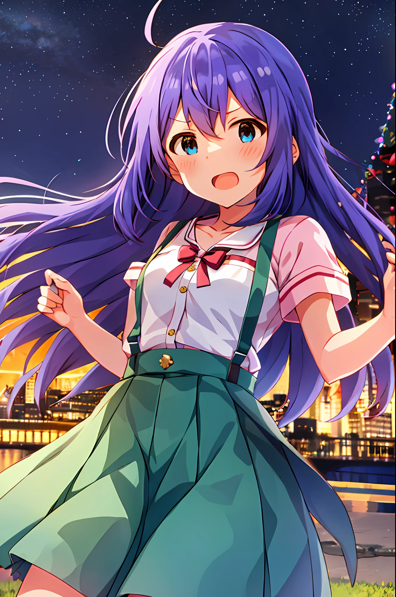 Anna Mochizuki (Million Live), (Top Quality, 8K, Masterpiece, Super Detail: 1.2), 1 Girl, Suspender Clothes.Skirt.Blushing, Clavicle, Bow, Ribbon, Blue Bow.Night.Night View.Outdoors.Fighting Stance.Despair Face.Open Mouth.