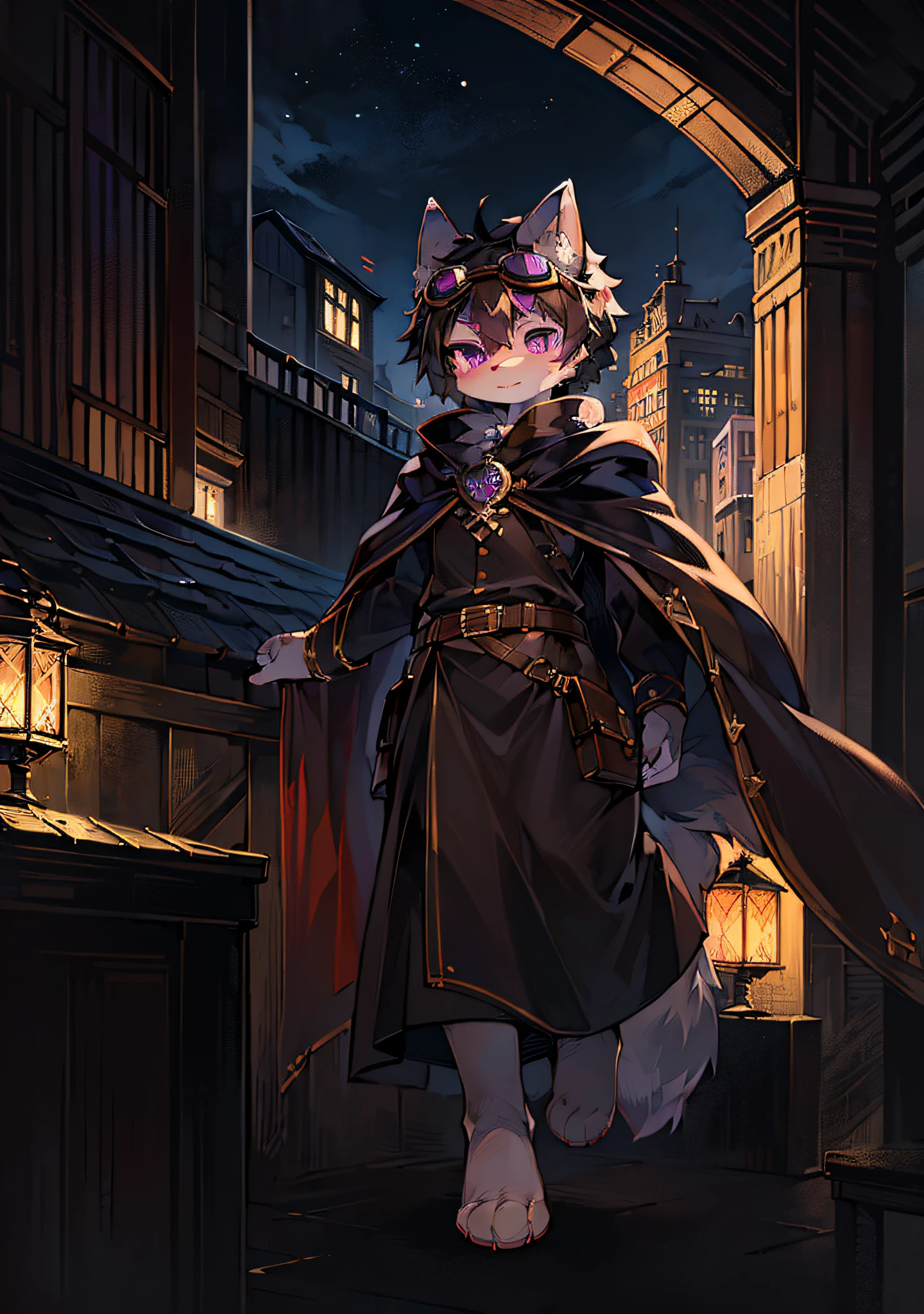 (Dark Environment: 0.8), Masterpiece, High Quality, Abstract Res, Digital Painting\(artwork\), by Dagasi, Yupa, Kiyosan, (Anthro, Fluffy Fur, Character Focus: 1.1), Anthro Male Cat, Short Hair, Portrait , bright eyes, panorama, character focus. (Background: 0.7), Solo, Furry, Furry Female, Female Focus, Anthr, (Full Body Fur, Fluffy Tail, White Fur, Purple Eyes, Black Hair: 2.8), (Long Canids, Goggles, Cape: 1.2), (Exterior, Night, Rooftop: 5)