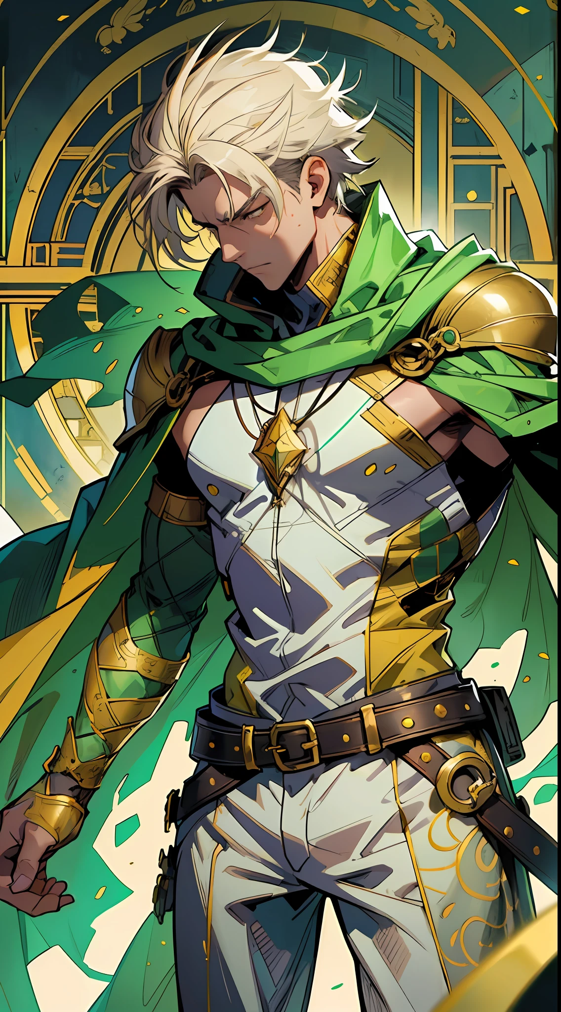 Draw a hero wearing a green and gold costume. The costume should have bright gold details that highlight the hero's appearance. He must also be wearing a white hood that covers his head except his face, and a white cape that falls elegantly just on one side of the hero. The cape should be long and flow with the wind, giving the hero a majestic look. The hero must be in a heroic pose, with a determined expression on his face, showing his courage and purpose in protecting the innocent. The AI must create a stunning image that inspires hope and wonder, capturing all the grandeur of this green and gold hero