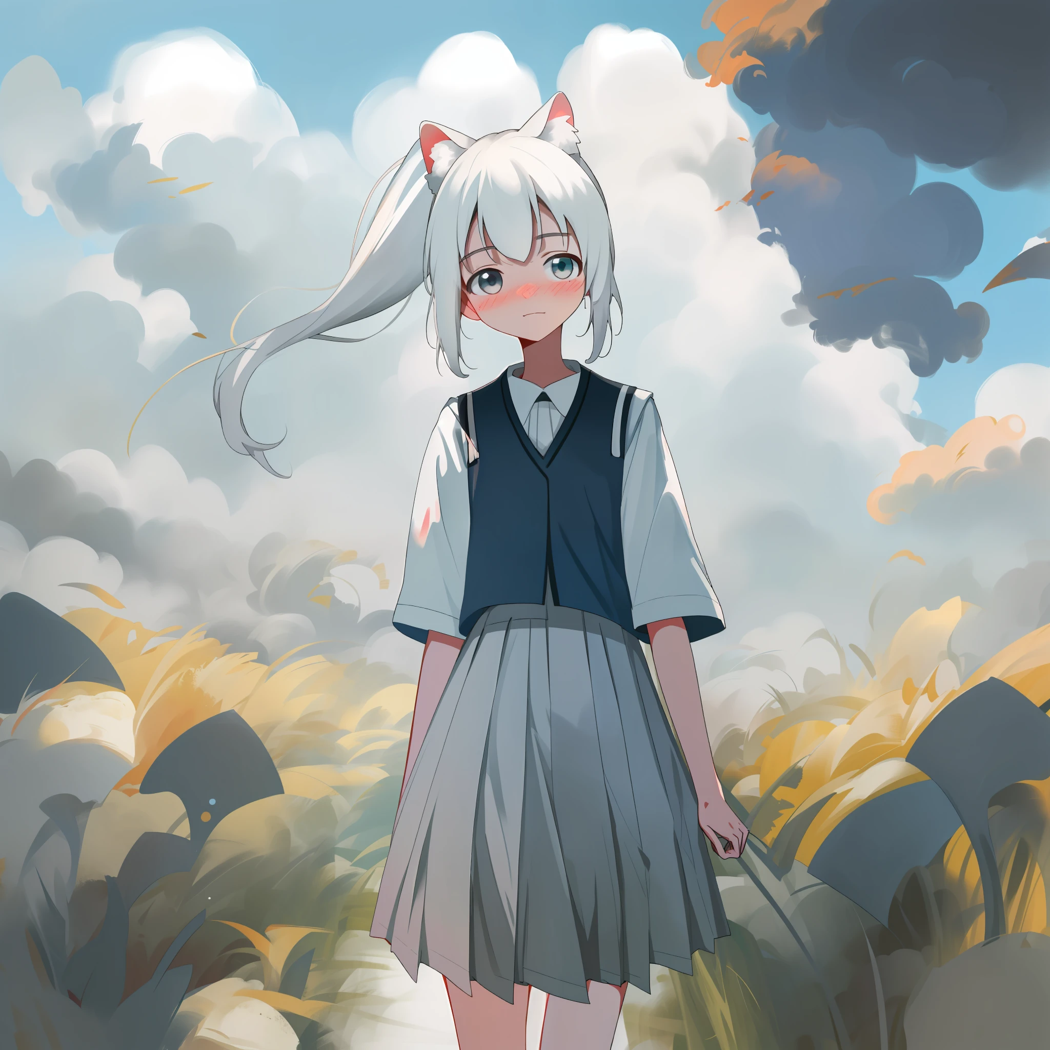 Exquisite painting style and high quality live-action photography 8K) 18 years old, cute, animal ears, white hair, double ponytail, loli, shy looking at you, blushing, short skirt school uniform, cloudy sky, clear