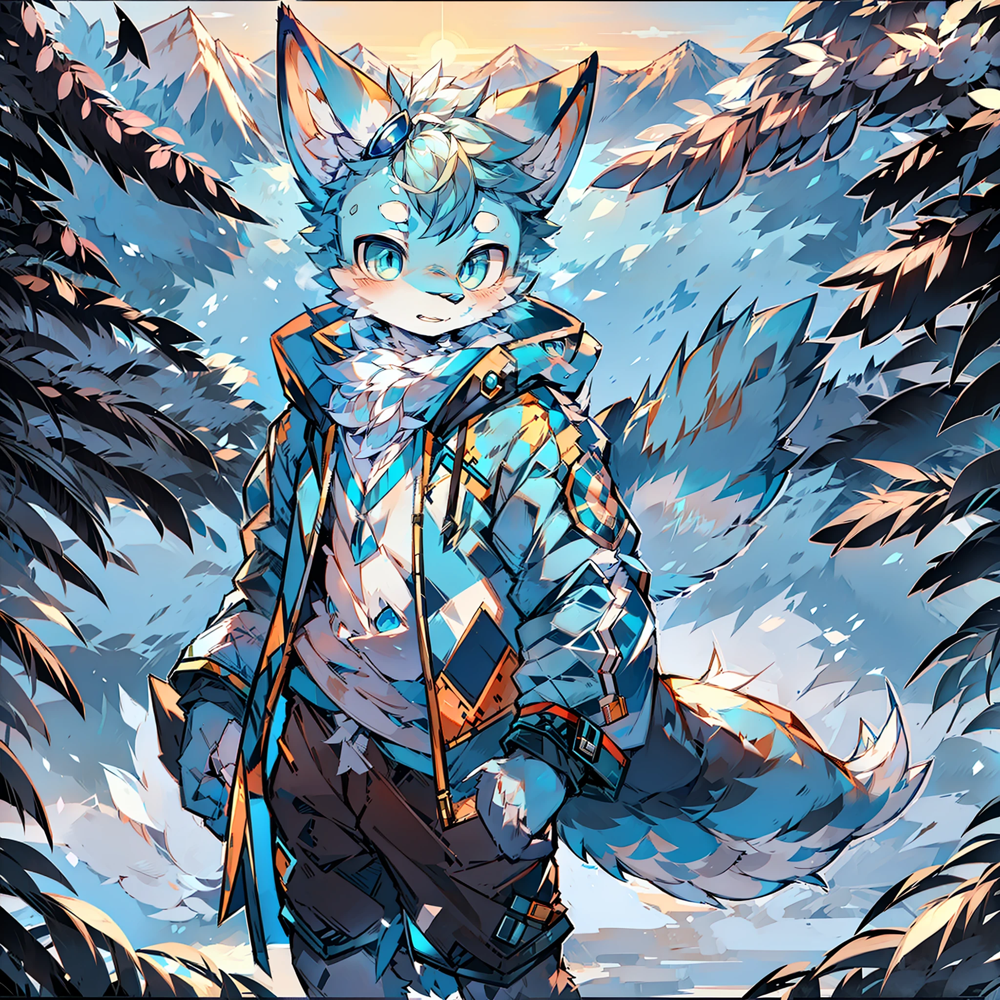 furry male blue white pattern blue pupil fox bright pupil big tail standing wearing blue cotton jacket snow mountain sunset