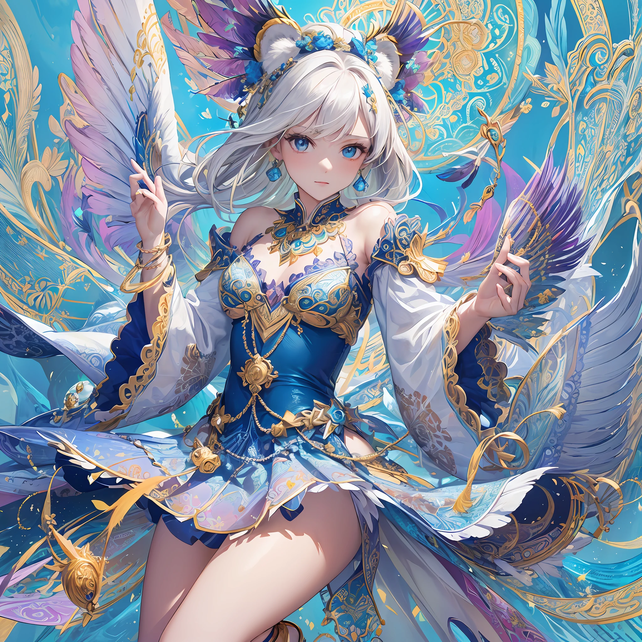 (Masterpiece, Top Quality, Top Quality, Official Art, Beautiful and Aesthetic: 1.2), (1 Girl: 1.3), White and Blue, Very Detailed, (Fractal Art: 1.1), (Colorful: 1.1) (Flower: 1.3), Supreme Detail, (Zentangle: 1.2), (Dynamic Pose), (Abstract Background: 1.3), (Shiny Skin), (Many Colors: 1.4), (Earrings), (Feathers: 1.5), ( Wind: 1.3), emerald, white hair, wrapped in light, detailed background, phoenix dress, panda ears, blue flowers, vivid eyes --auto --s2