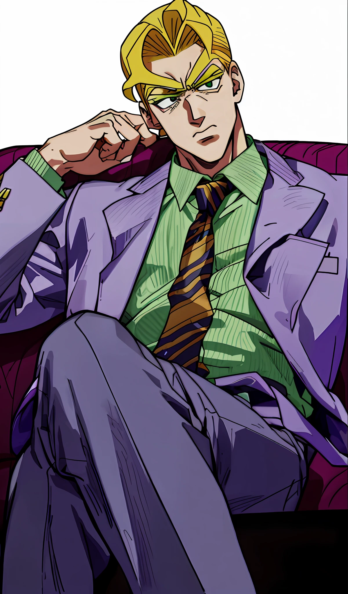 yoshikage kira, yellow hair, stern face, tie, light purple suit, green office shirt, hd, highres