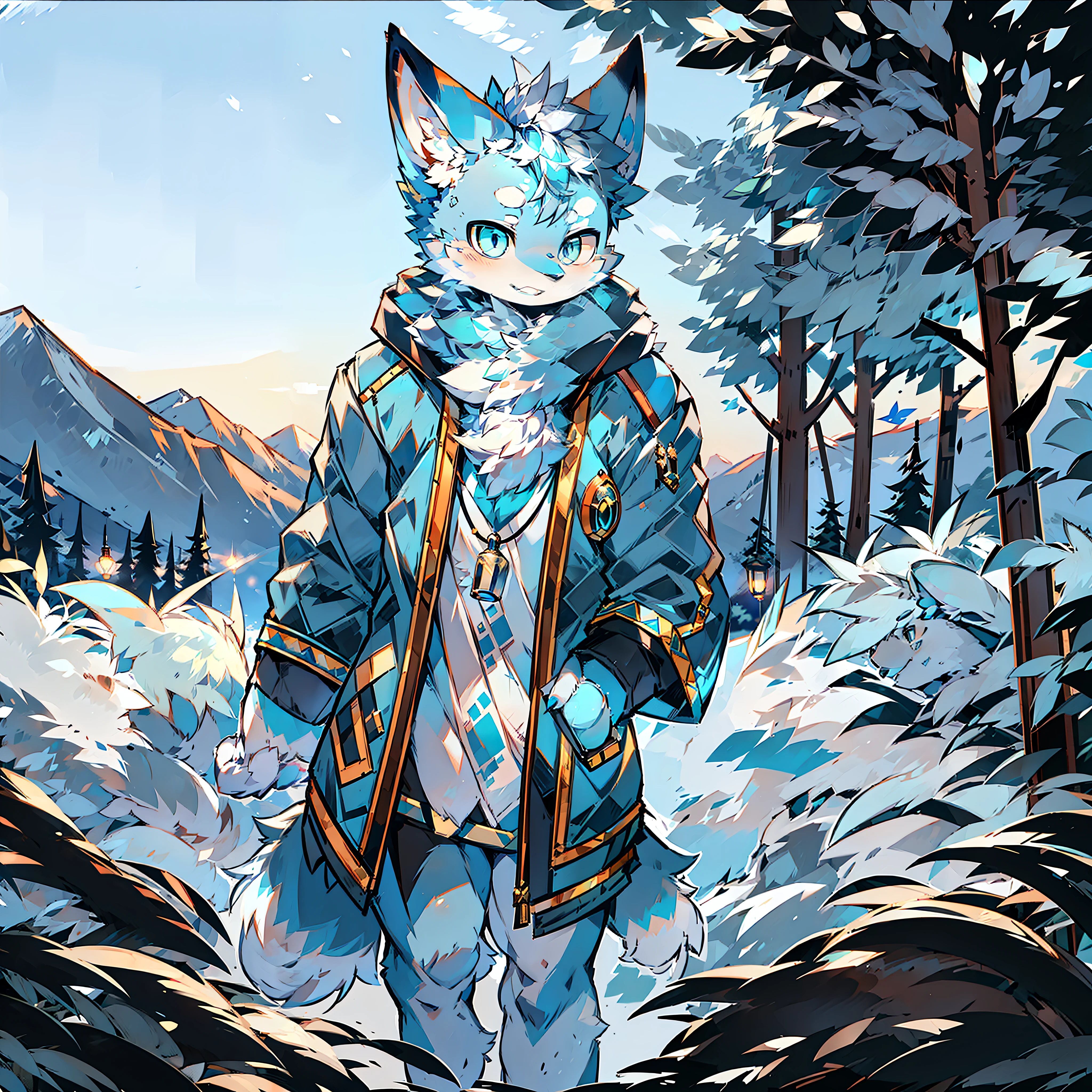 furry male blue white pattern blue pupil holding lantern fox bright pupil big tail standing wearing blue cotton jacket snow mountain sunset