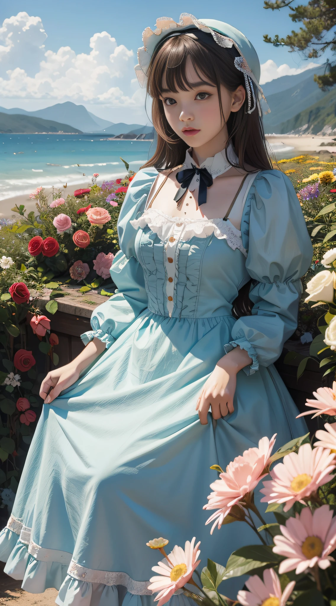 A sea of flowers surrounds a girl in Lolita's clothes,