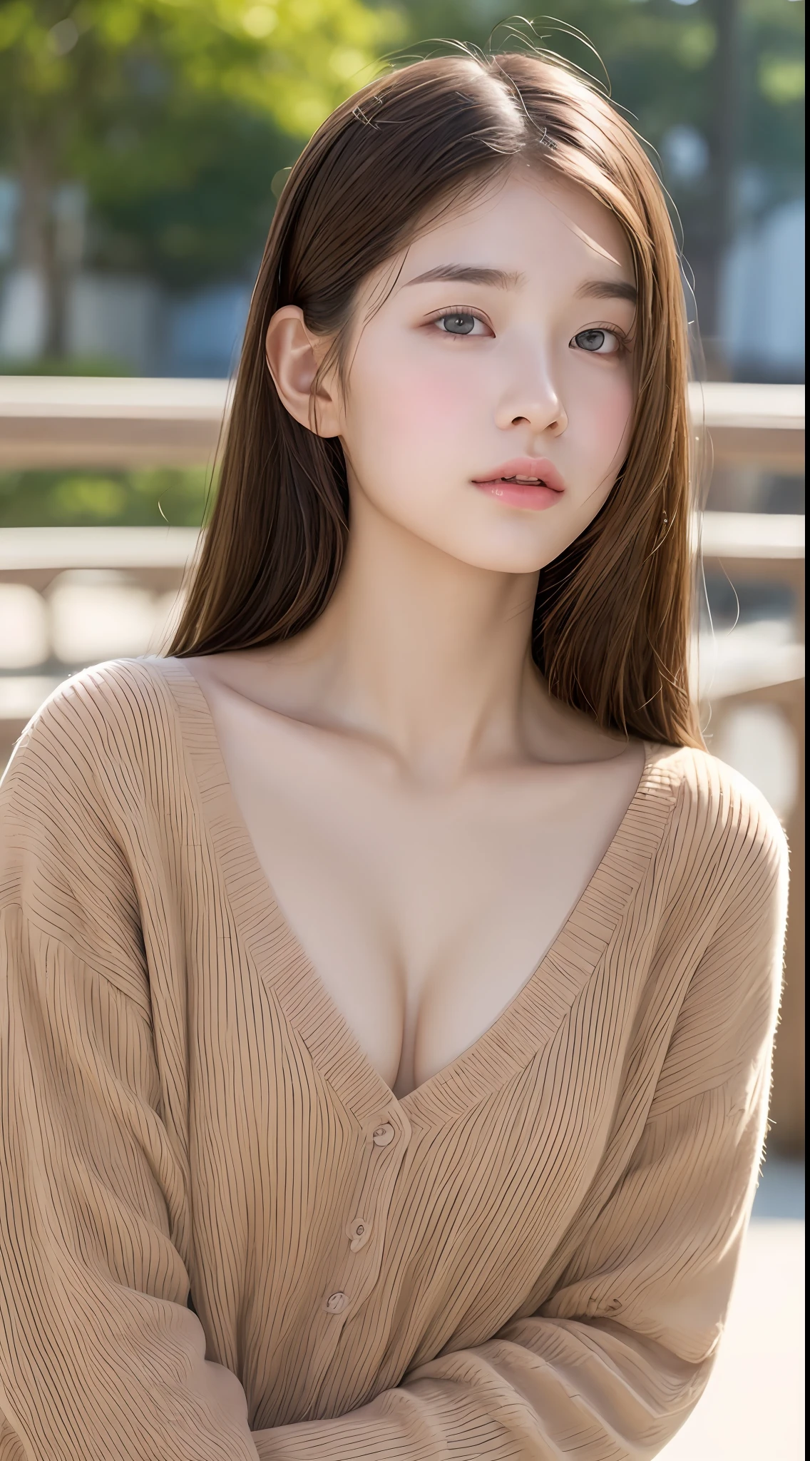 Top quality, realistic, perfect human body structure, very detailed, very delicate and beautiful, RAW photography, beach, professional lighting, face lighting, depth of field, single focal, full body, 13 year old woman, brown hair, brown eyes, small head, ((big)), baby face, fashion girl, beautiful eyes, real face, real skin, real face, realistic skin, detailed eyes, (fashionable hairstyle: 1.3), sexy pose, viewer, View detailed face and chest, middle school student