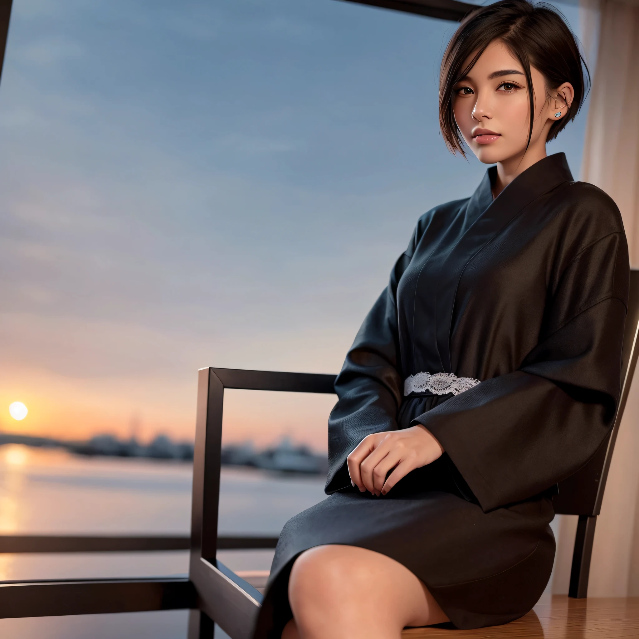 (8k, top quality, masterpiece: 1.2), (realistic, photorealistic: 1.37), super detailed, girl alone, cute, alone, beautiful detailed sky, detailed café, night, sitting, date, (blush), (smile: 1.15),(closed)small,beautiful fine eyes,(elegant black clothes:1.1),night,wet,kimono,rain,white lace,(short hair:1.2),floating hair