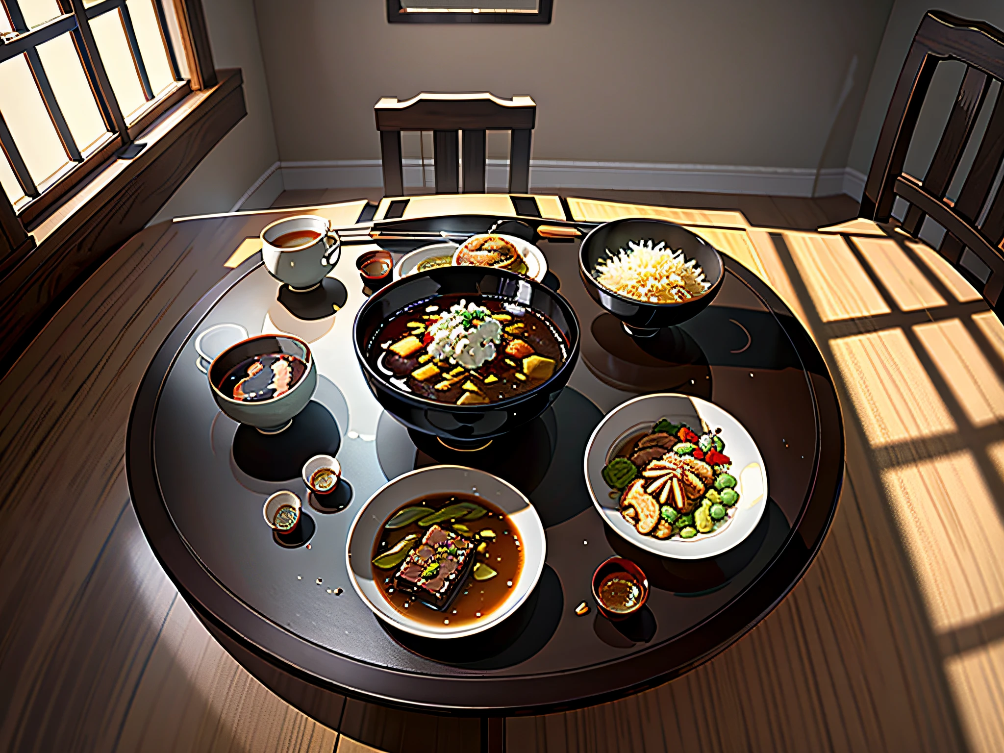 Masterpiece, best quality; 1.3), very detailed, Unity 8k wallpaper, perfect lighting, perfect shadows, Chinese scene, shot 1:
In a quiet room, the dining table is filled with delicious food, and the bowls and chopsticks are neatly placed on the table. , POV, Dorothyan perspective