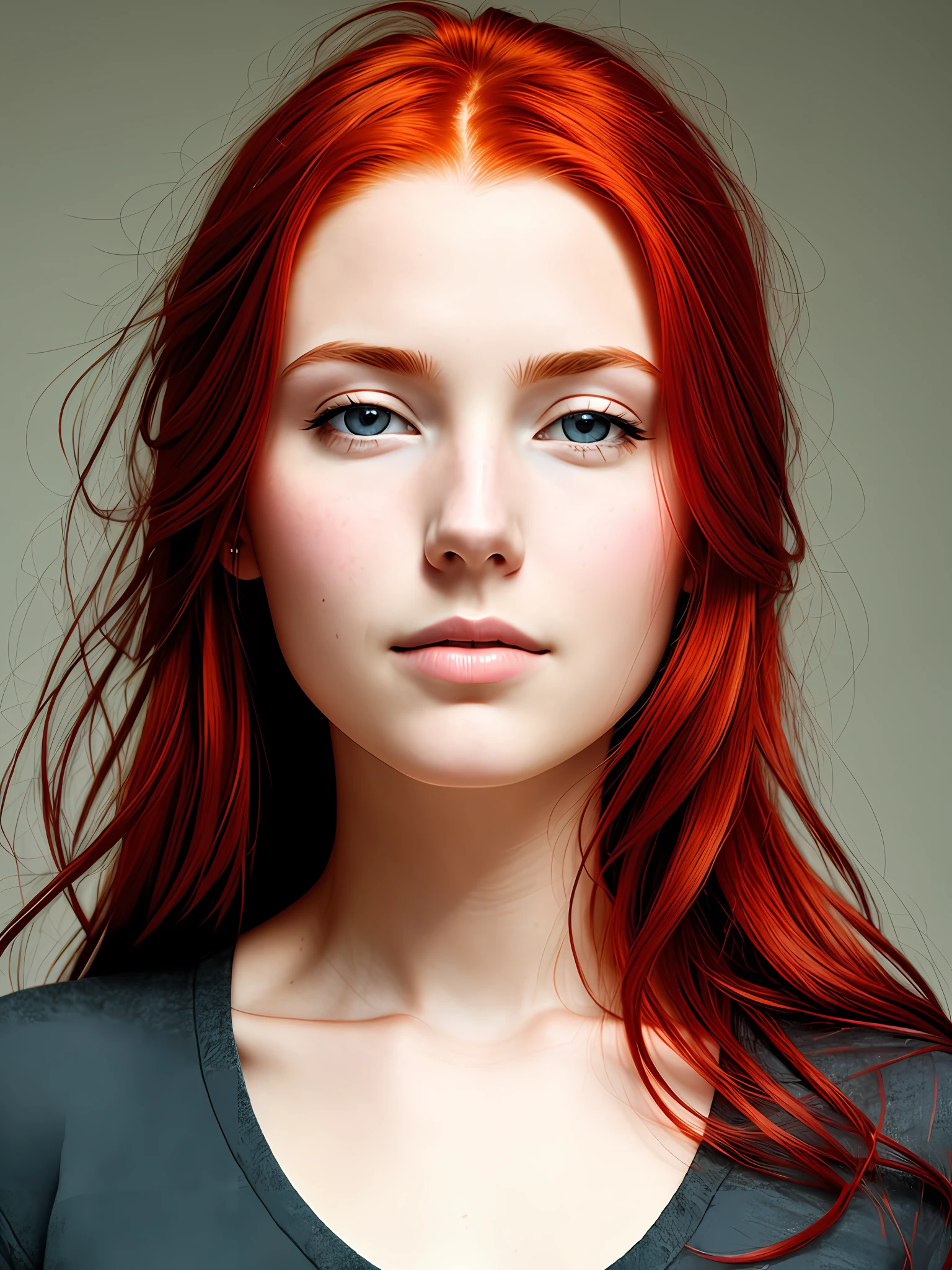 red-haired face, looking up, from the front,