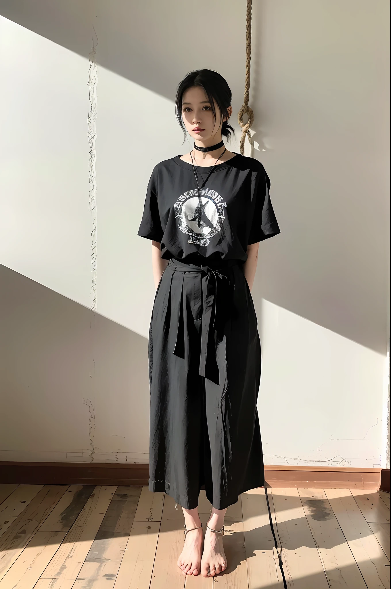 (8k:1.27), best quality, masterpiece, ultra highres:1.2), lesbian delinquent girl with medium length hair and arm tattoos, tattooed girl, full body picture, dirty old white oversized knotted prisoner t-shirt, dirty big t-shirt with prisoner number written in t-shirt, short big sleeves, orange prisoner pants tied with a rope, wearing dirty old goth clothes, shoulder length black bob hairstyle, black hair pulled back snooki style, standing in the prison gallows next to a noose, about to be executed, execution, handcuffed, hands tied with rope behind body, submissive neck choker and checkered keffiyeh scarf in neck, 4k or 8k picture, looking at the floor down very sad, very sad face, smelly, barefoot, rope noose hanging from ceiling, tattooed body, noose rope hanging