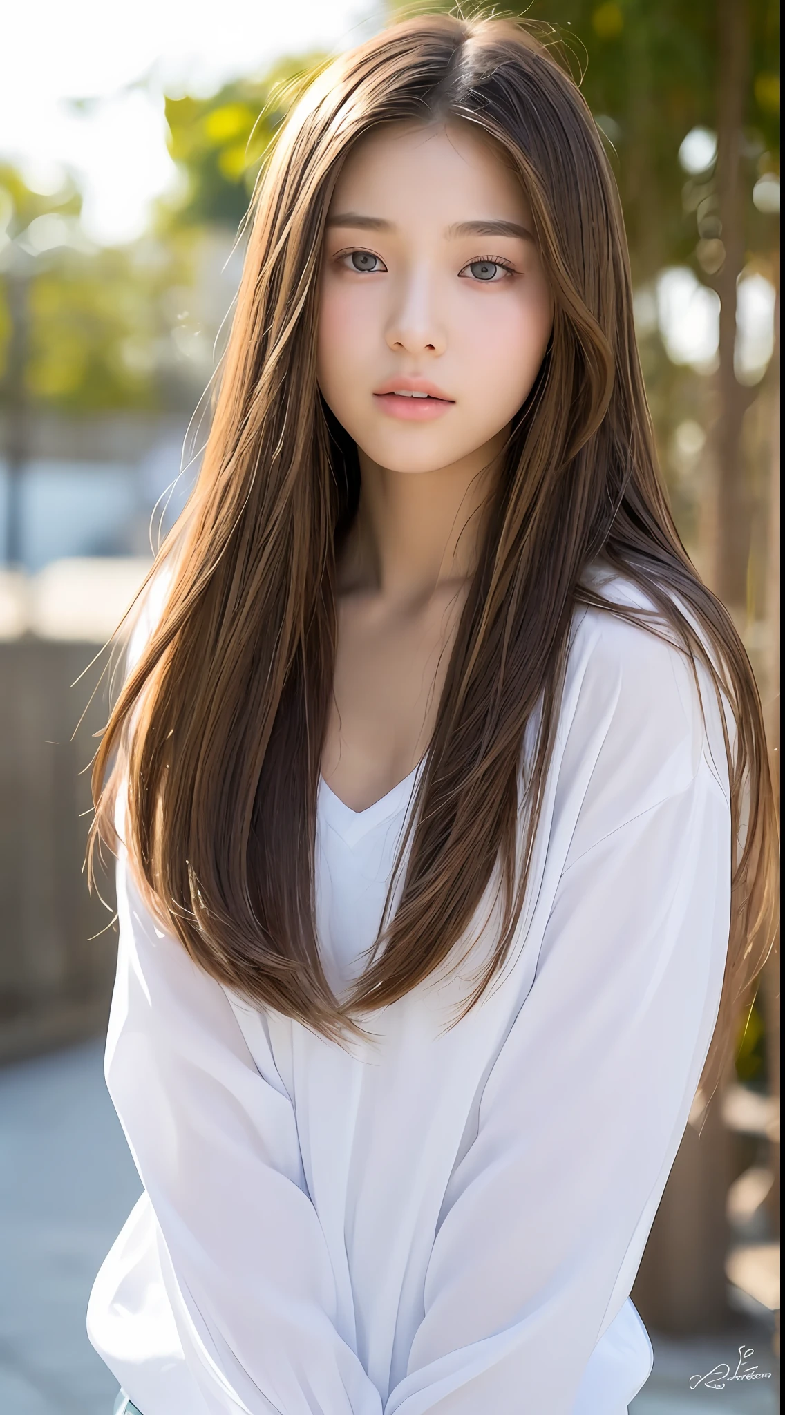 Top quality, realistic, perfect human body structure, very detailed, very delicate and beautiful, RAW photography, beach, professional lighting, face lighting, depth of field, single focal, full body, 13 year old woman, brown hair, brown eyes, small head, ((big)), baby face, fashion girl, beautiful eyes, real face, real skin, real face, realistic skin, detailed eyes, (fashionable hairstyle: 1.3), sexy pose, viewer, View detailed face and chest, middle school student