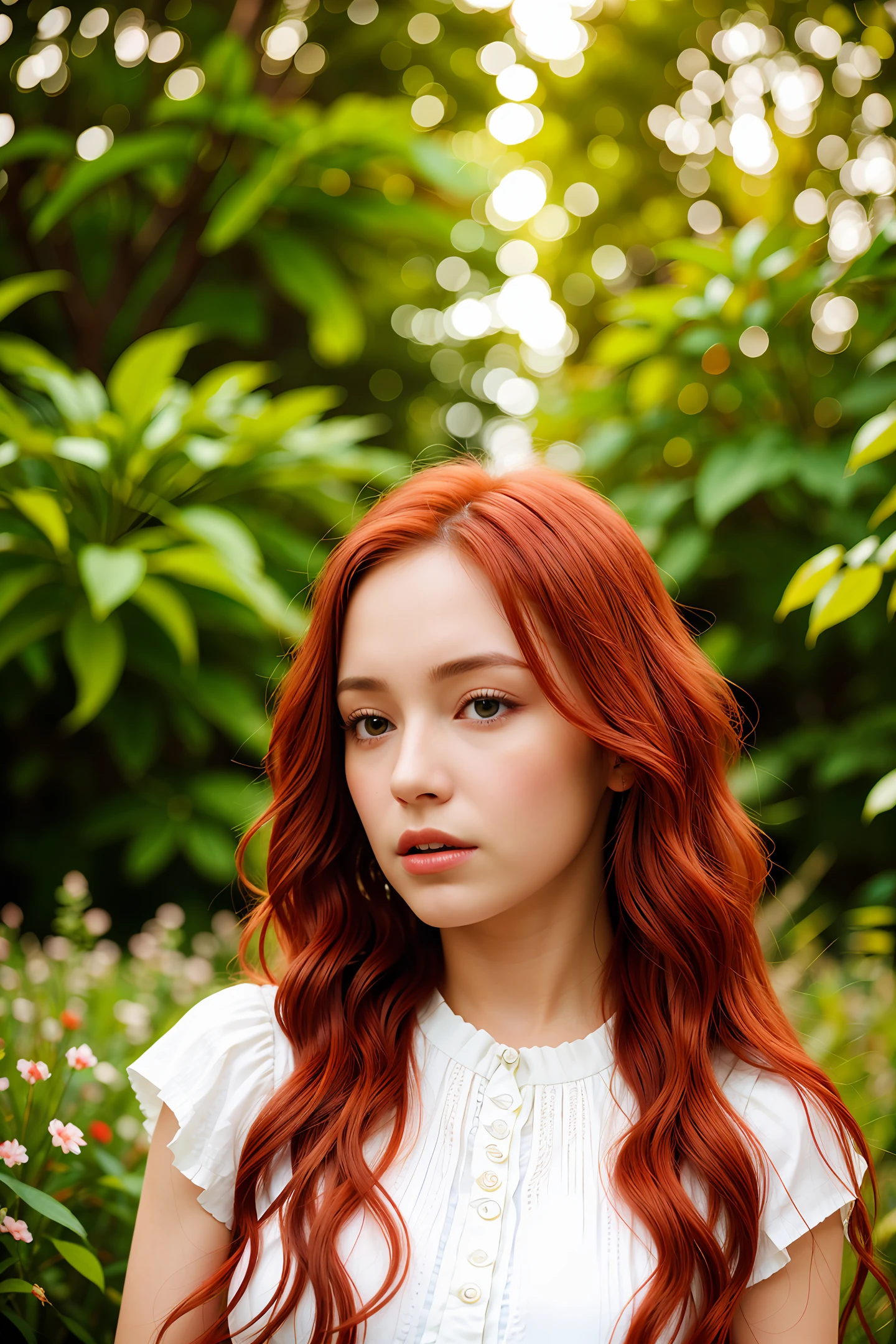 Portrait of a woman with flowing red hair wearing a white dress in a French garden, cinematic photography, cinematic light, 8k, hyper realistic, hyper detailed, beautiful, golden hour