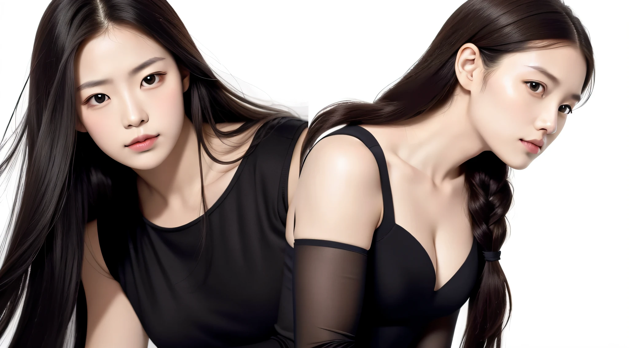 masterpiece, best quality, realistic, 1woman, long hair, broad shoulders, small head, upper body, (white background:1.3), closed mouth