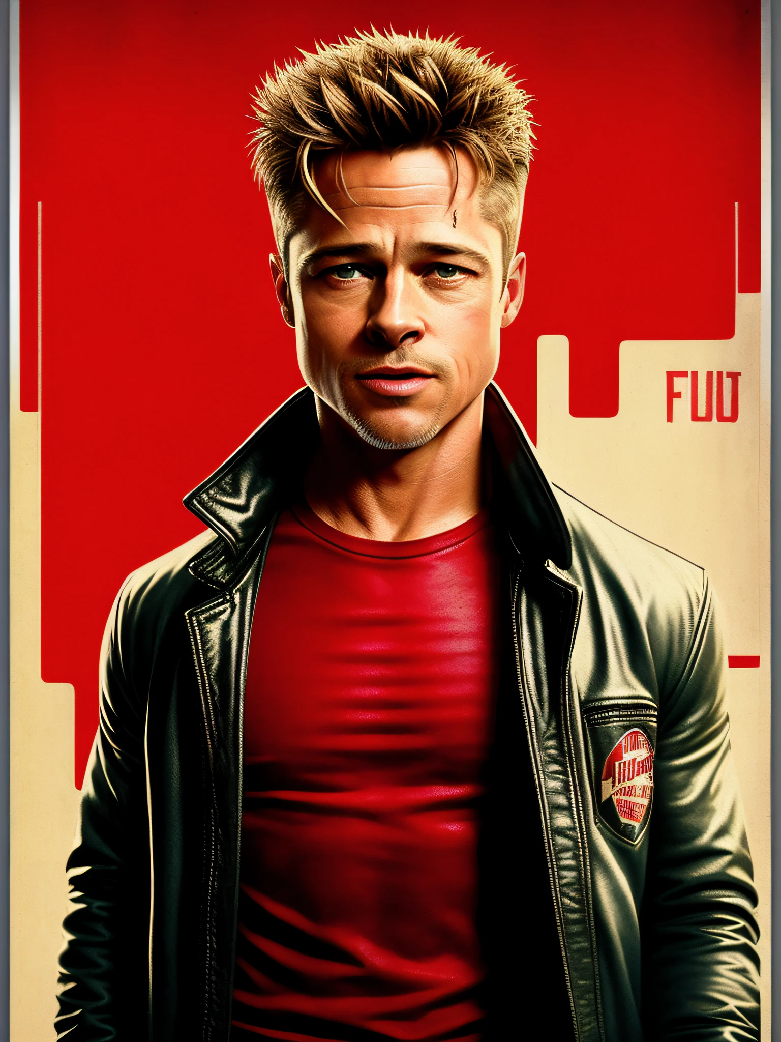 Brad Pitt in Fight Club movie, vhs effect, (poster:1.6), poster on wall, nostalgia, movie poster, portrait, a red jacket, close up (skin texture), intricately detailed, fine details, hyperdetailed, raytracing, subsurface scattering, diffused soft lighting, shallow depth of field, by (Oliver Wetter)