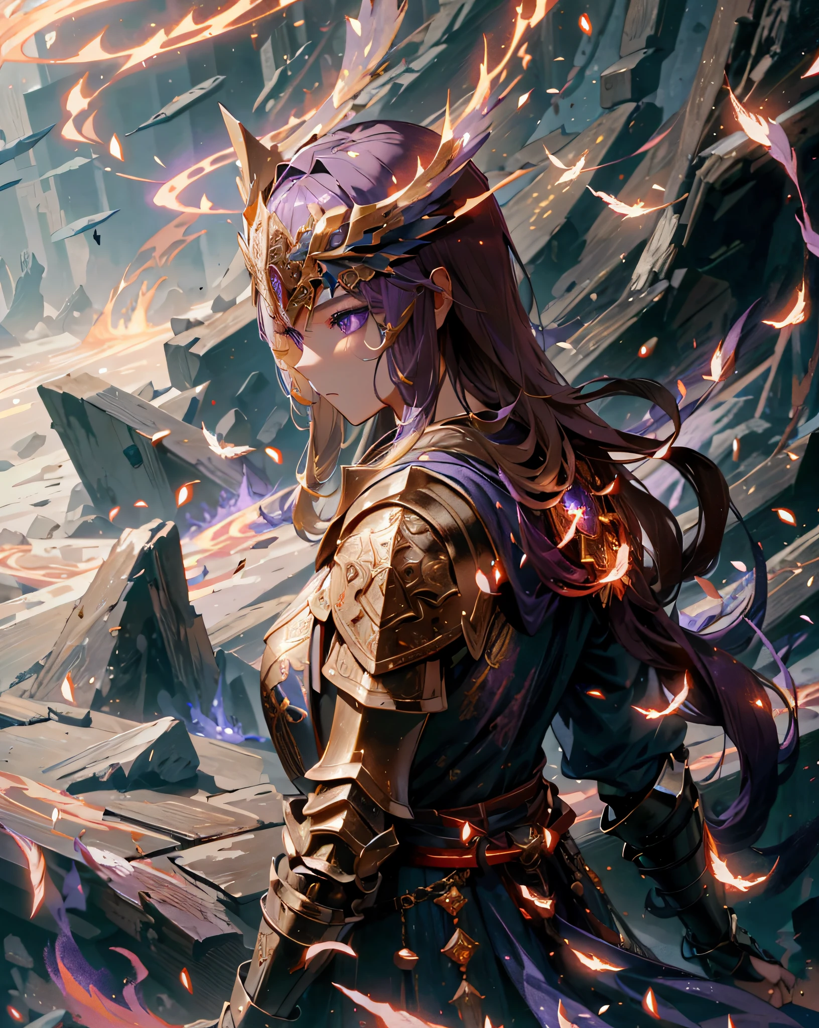 A Korean girl with heavy makeup, heroic and sassy, blue-purple eyes, light blonde shawl long hair, golden gorgeous armor, medieval armor carving, red phoenix gilded cape