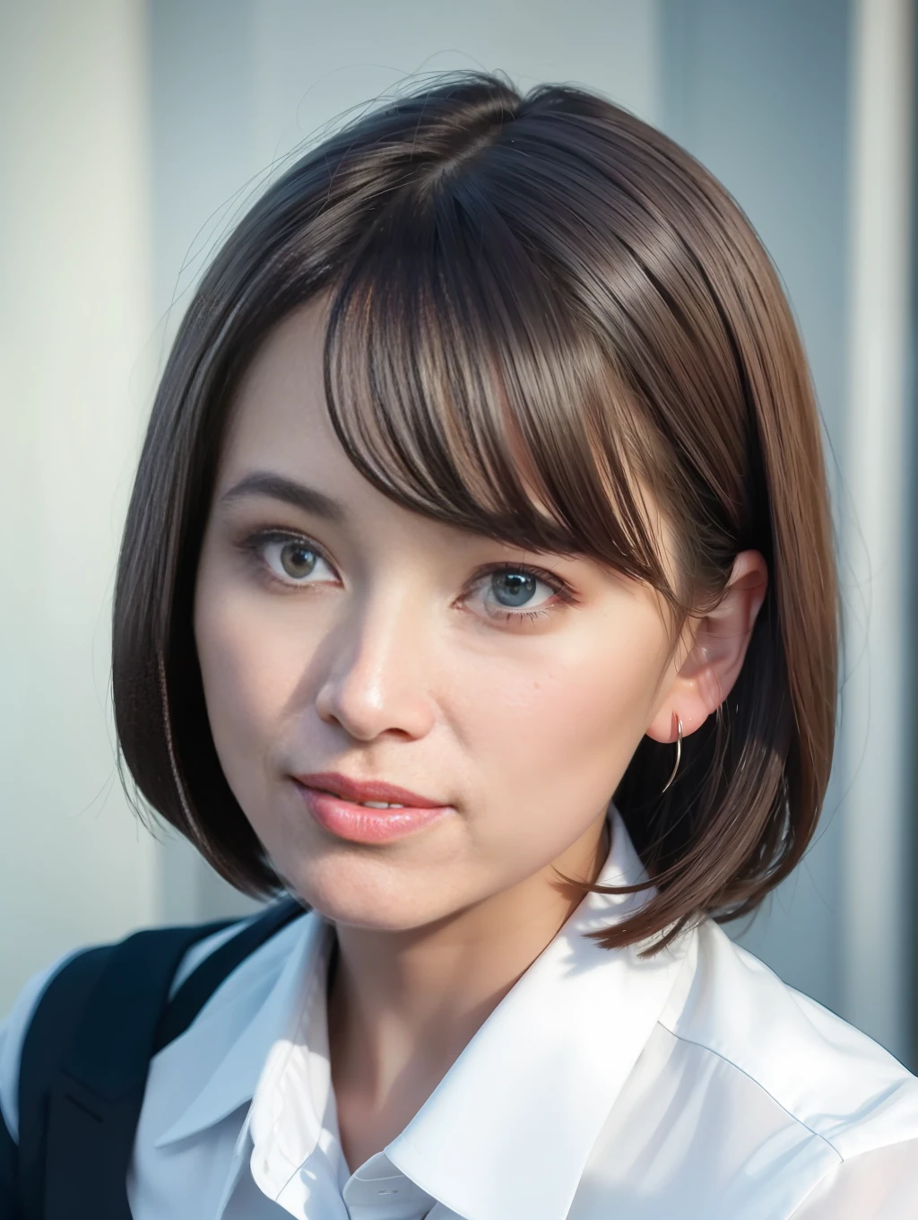 (8k, best quality, masterpiece:1.2), (realistic, photo-realistic:1.37), ultra-detailed, 1 girl,cute, solo,beautiful detailed sky,detailed office,night,sitting,(nose blush),(smile:1.15),(closed mouth) , medium breasts,beautiful detailed eyes,(collared shirt:1.1), night, wet,business attire, rain, (short hair:1.2), pureerosface_v1, computer, detail finger, beautiful detailed face,