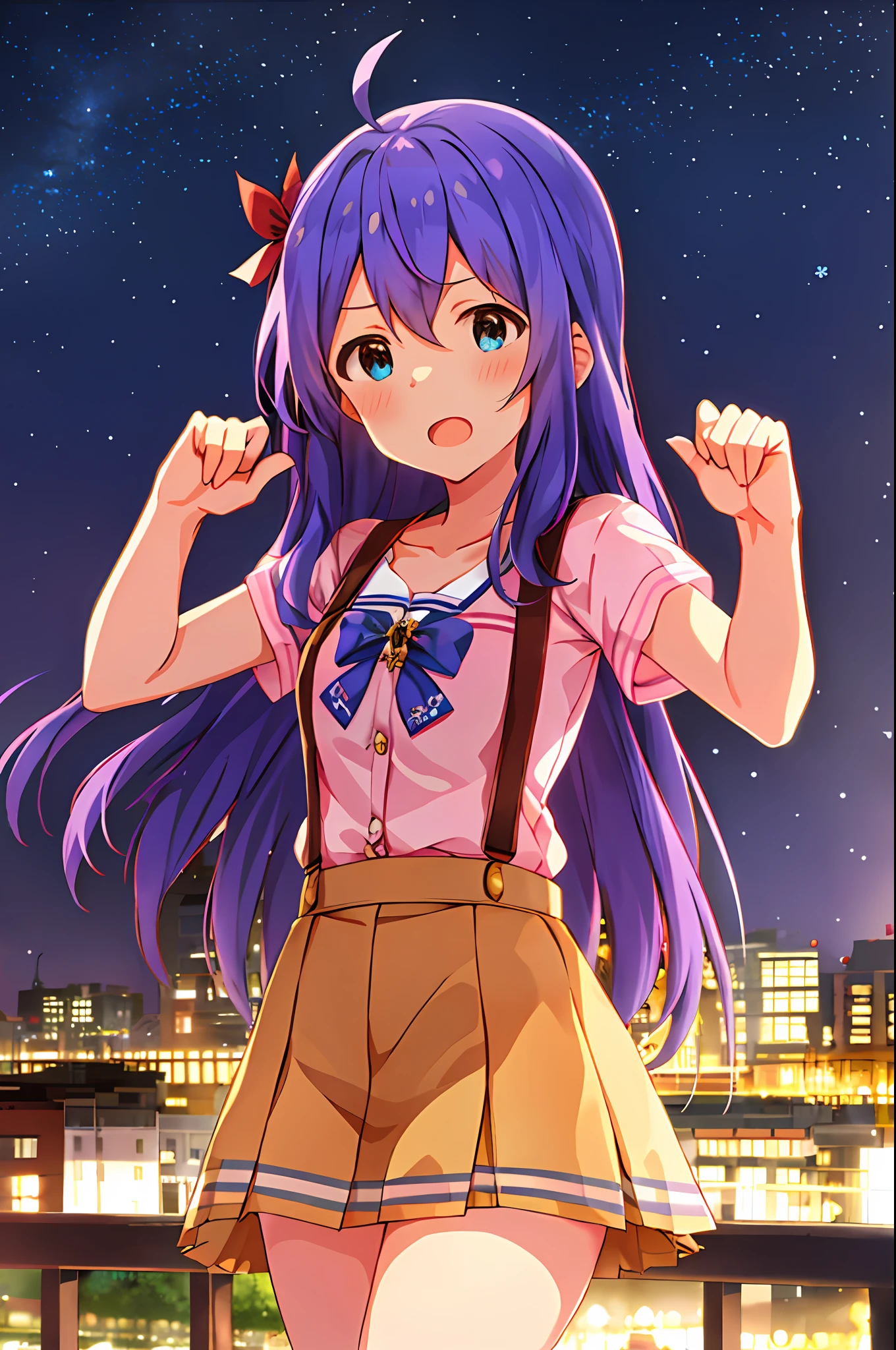 Anna Mochizuki (Million Live), (Top Quality, 8K, Masterpiece, Super Detail: 1.2), 1 Girl, Suspender Clothes.Skirt.Blushing, Clavicle, Bow, Ribbon, Blue Bow.Night.Night View.Outdoors.Fighting Stance.Despair Face.Open Mouth.