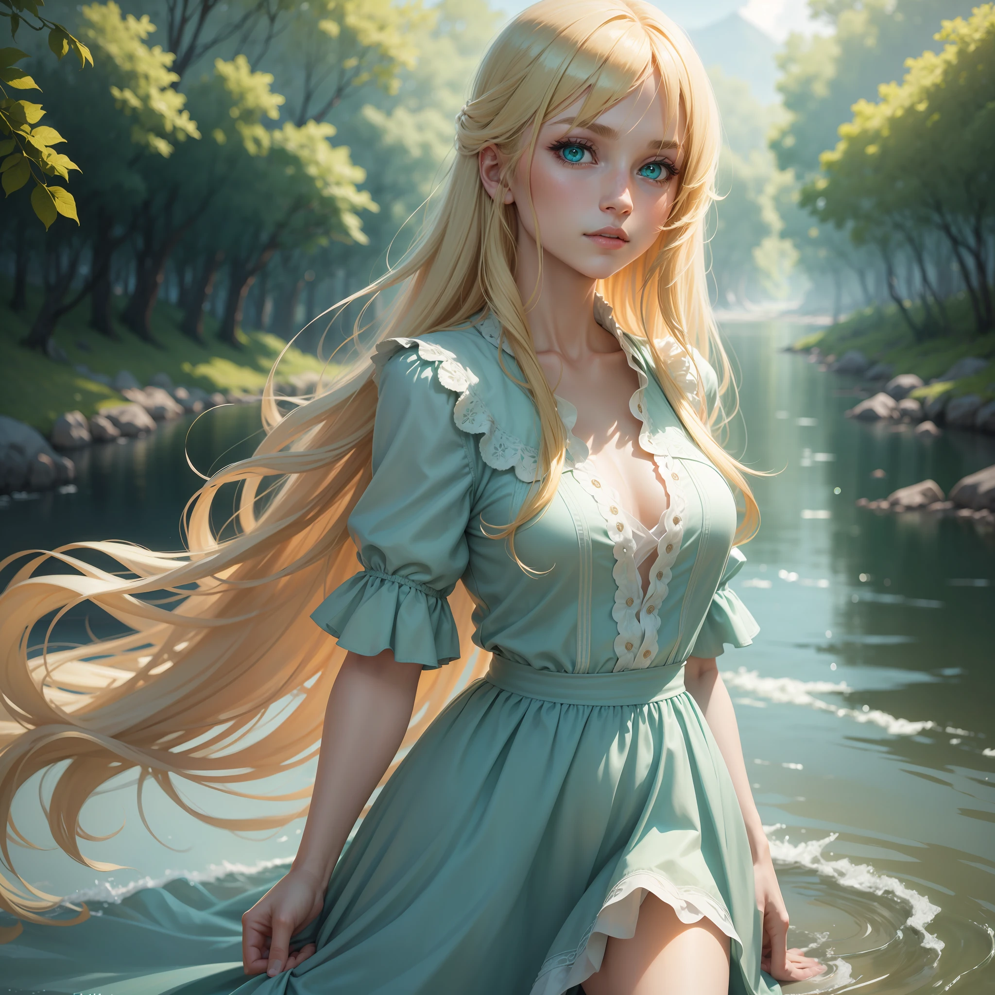 Woman, long blonde hair, water green eyes,solo,32k,Super-Resolution,Full-HD,1080p,Fullscreen,Wallpaper,Generated by Midjourney,1080p, alone, bangs in hair, dressed in a light blue dress