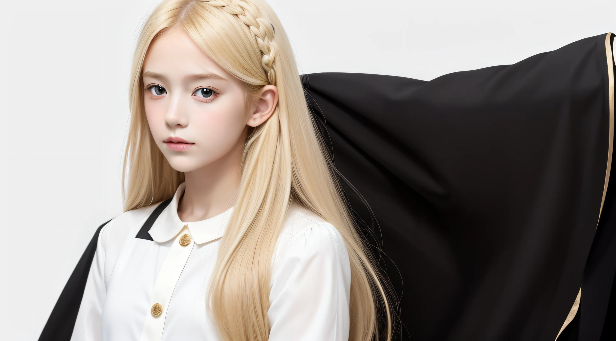 masterpiece, best quality, realistic, child girl with blonde hair, long hair, broad shoulders, small head, upper body, (white background: 1.3), closed mouth