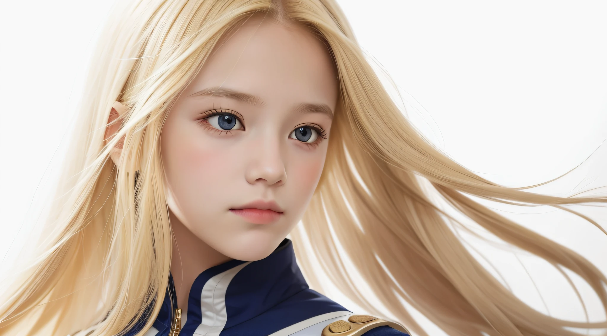 masterpiece, best quality, realistic, child girl with blonde hair, long hair, broad shoulders, small head, upper body, (white background: 1.3), closed mouth