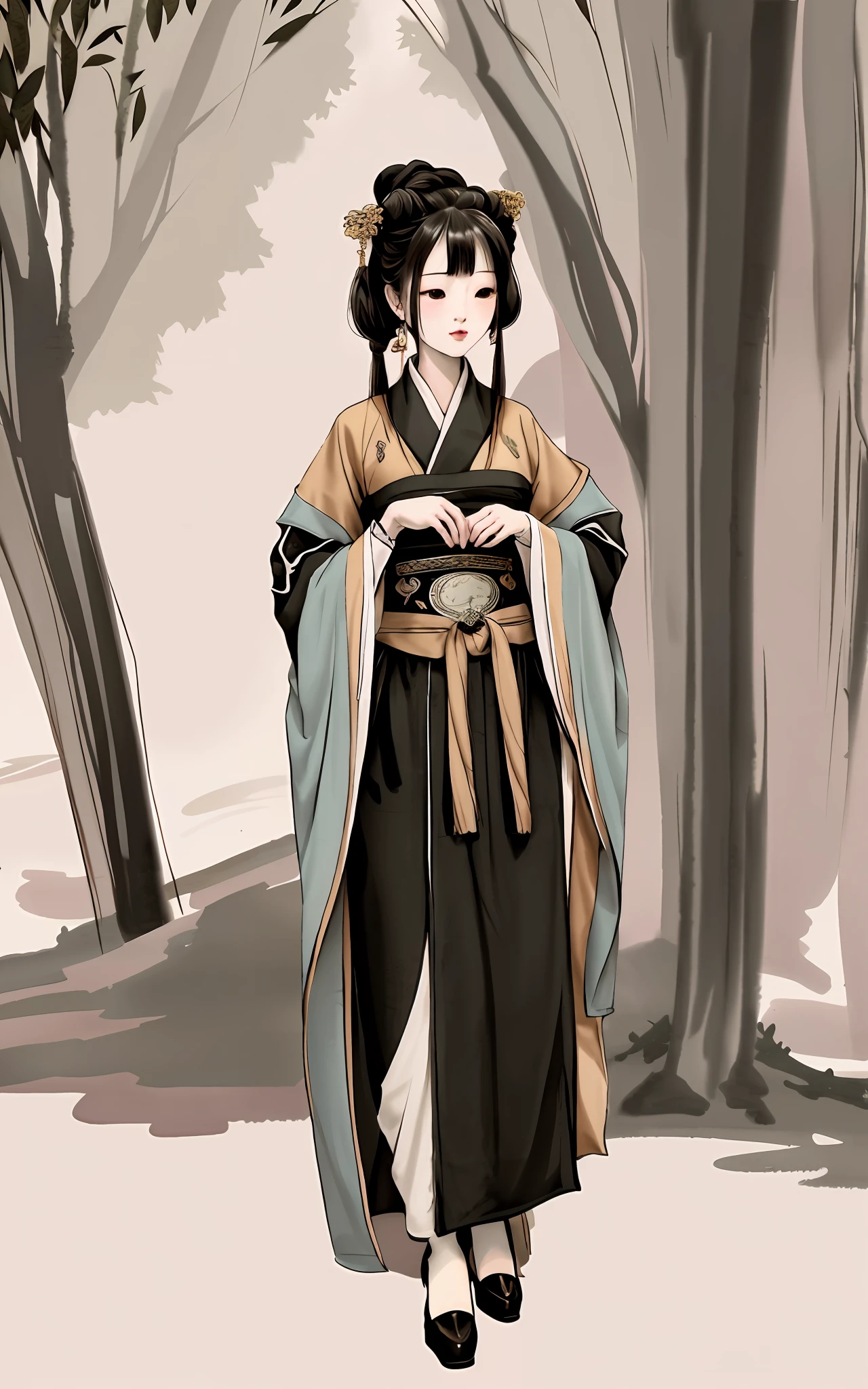 Shook Walking Horse, Negative Space,, Ink Painted Bethim, Standing Female Portrait, Willow Branch, (masterpiece, best quality: 1.2), Chinese painting, model style, peace, (smile), looking at the audience, wearing Changhan clothing, Hanfu, song, background, Willow trees, Wu Chang said,