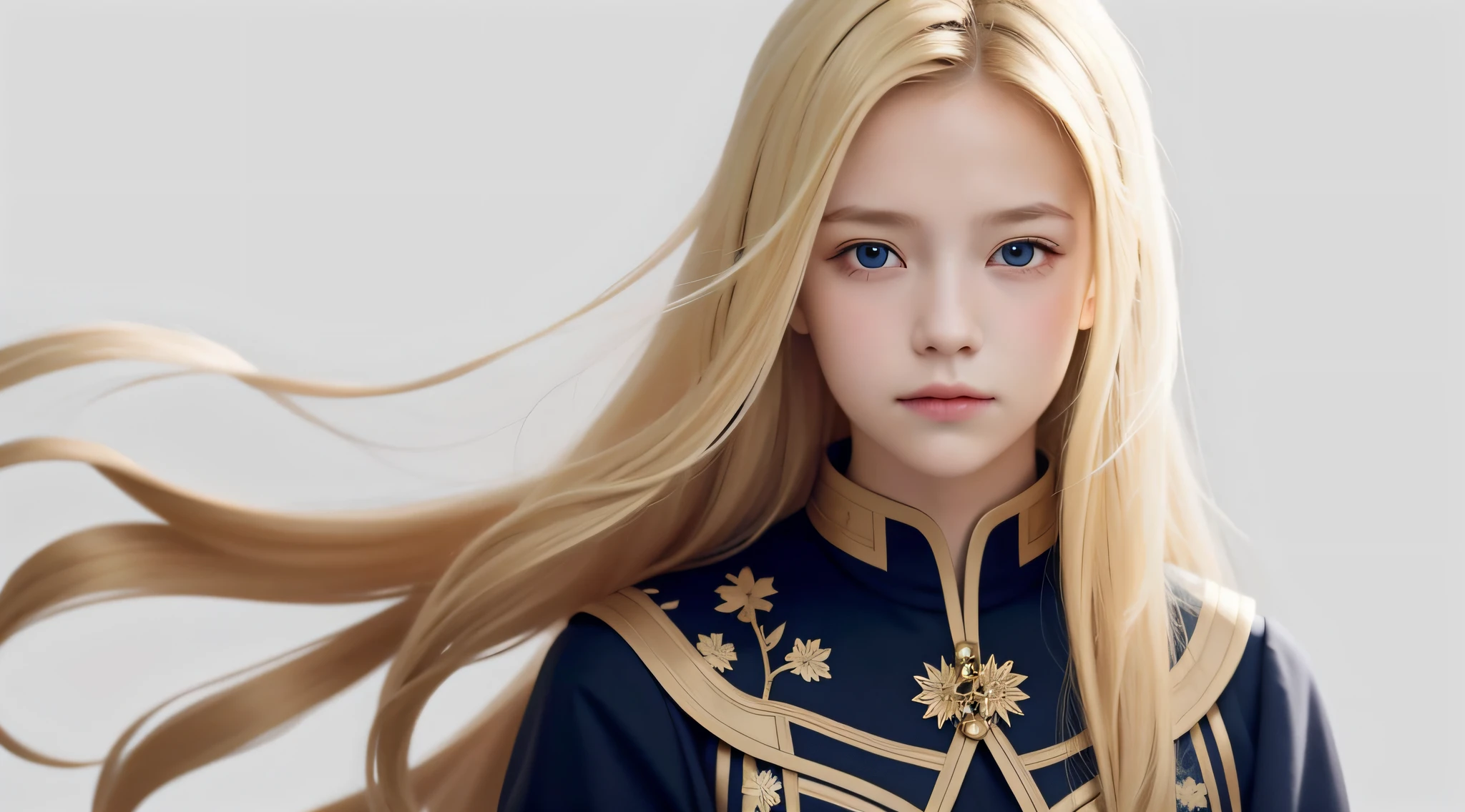 masterpiece, best quality, realistic, girl with blonde hair, long hair, broad shoulders, small head, upper body, (white background: 1.3), closed mouth