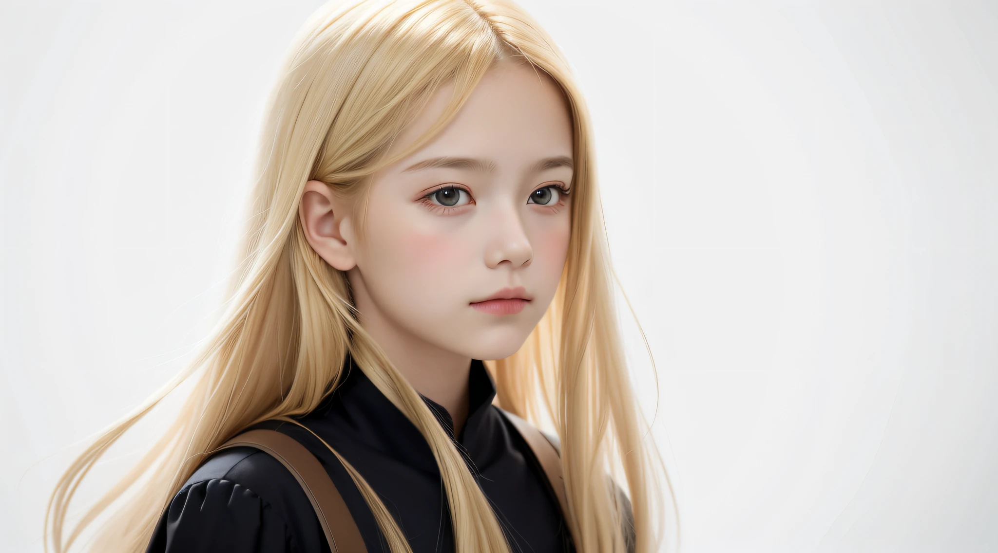 masterpiece, best quality, realistic,  girl with blonde hair, long hair, broad shoulders, small head, upper body, (white background: 1.3), closed mouth