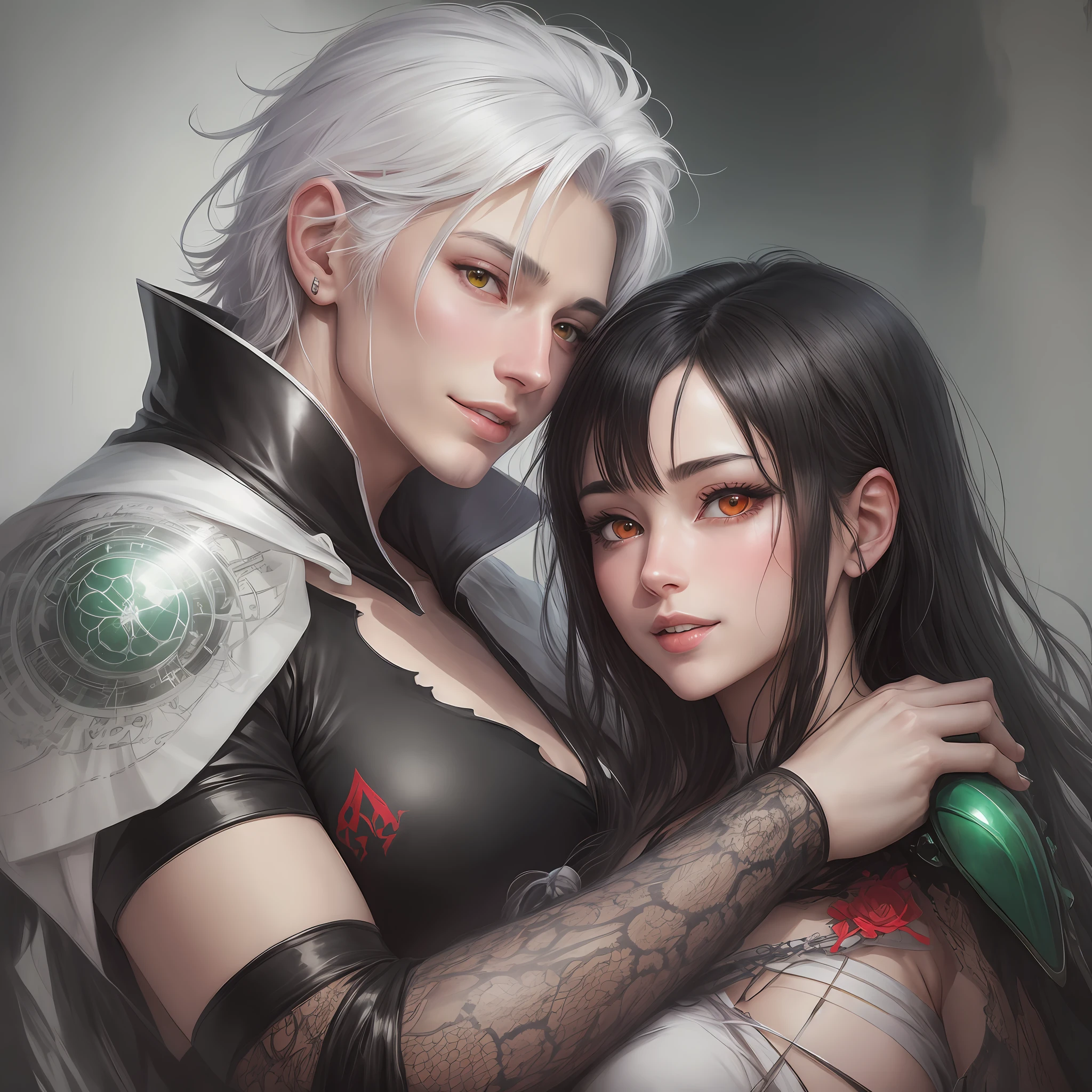 realistic, anime couple hugging each other with gloves, highly detailed exquisite fanart, black hair and white hair, green eyes and red eyes, smile, lovely couple, arm around neck --auto --s2