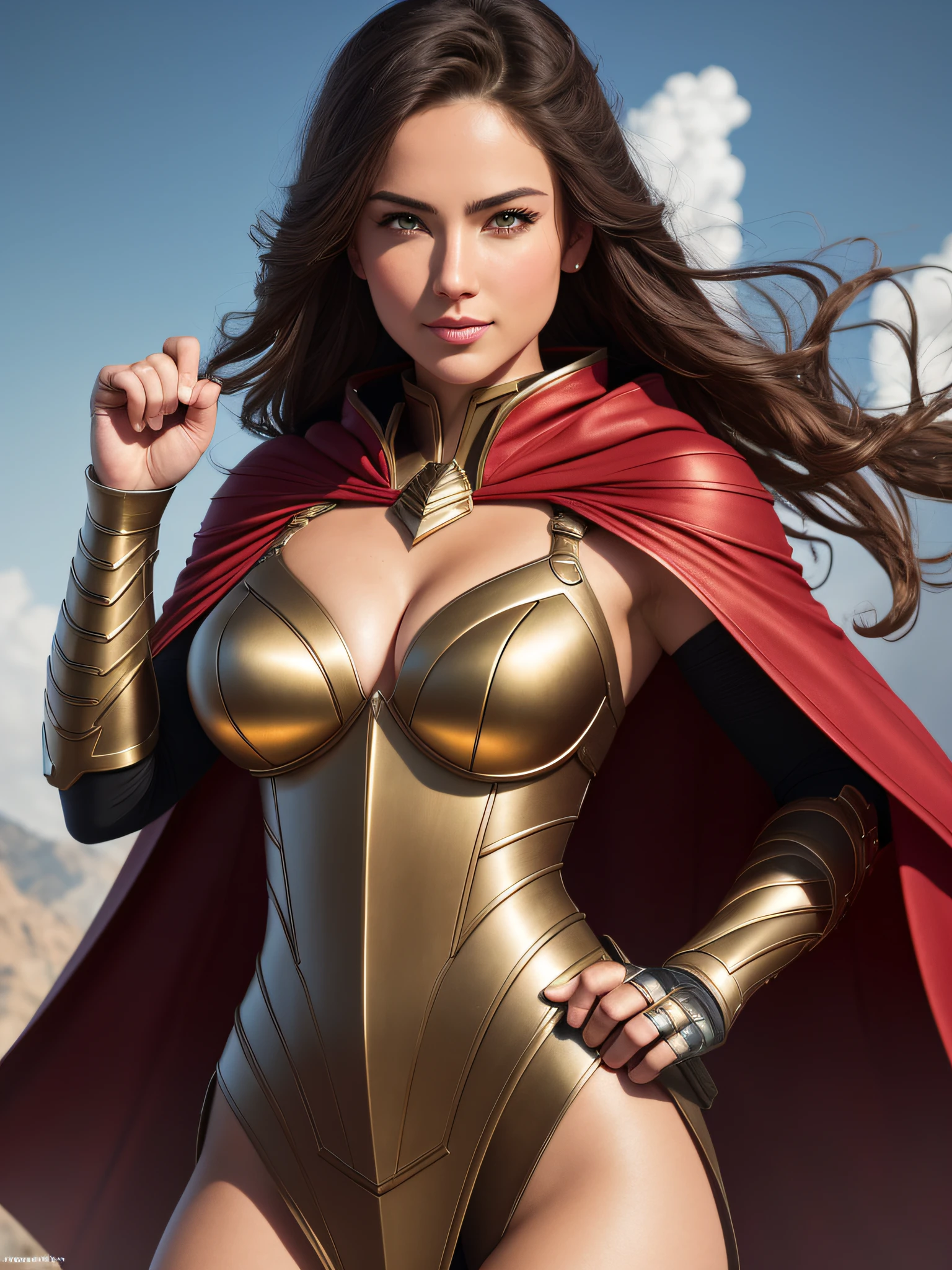 high detail raw photo masterpiece, best quality, detailed, (hands with 4 fingers and 1 thumb),j scott campbell, artgerm, loish, sexy armored woman, red cloak, fighting pose, (no weapons), full body, detailed face, flawless face, perfect eyes, highly detailed, 4 k, hdr, smooth, sharp focus, high resolution, award - winning photo, fire, smoke, battle, destroyed casle