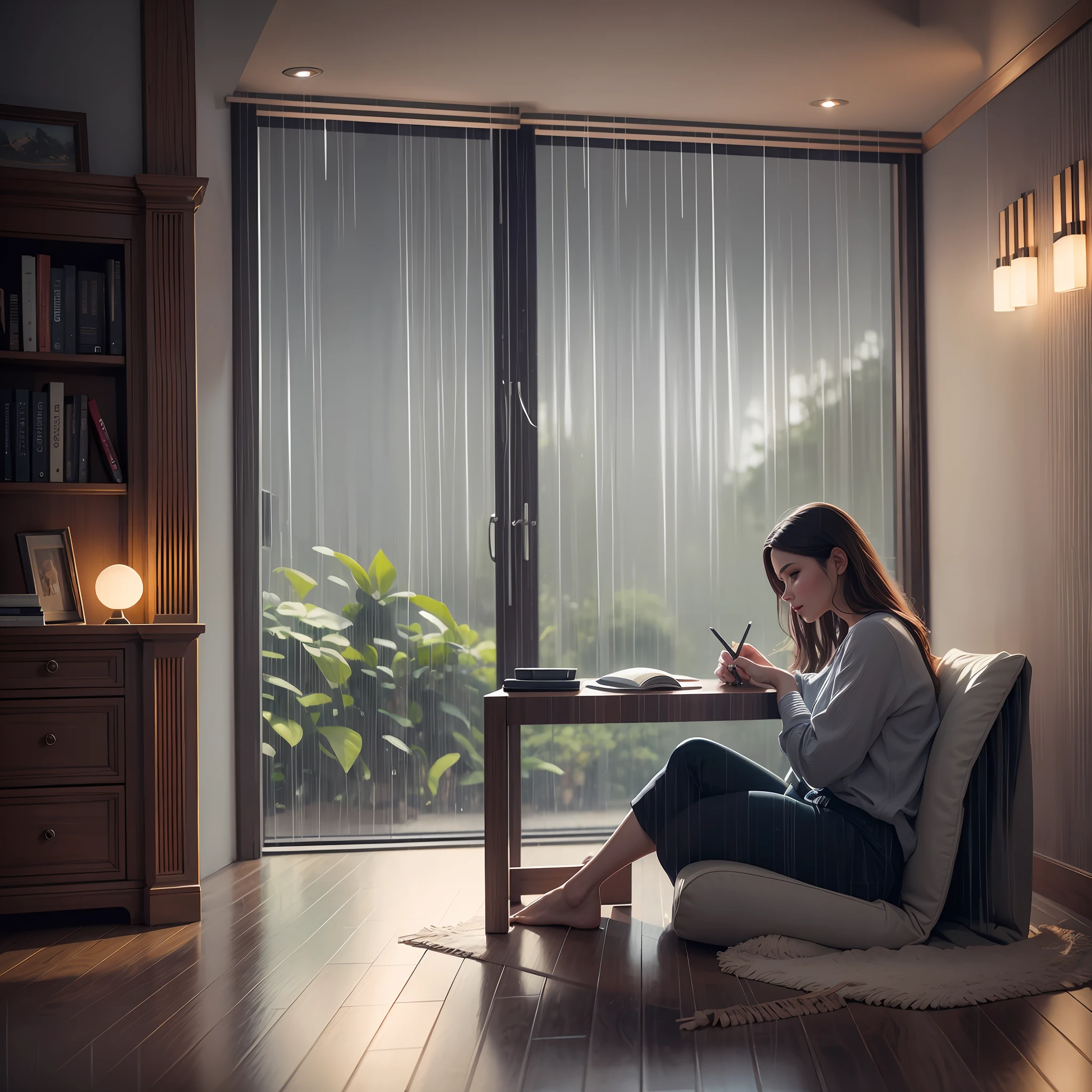 beautiful woman study at study desk, beautiful home interior, smooth, sharp focus, 8k, octane render, night
