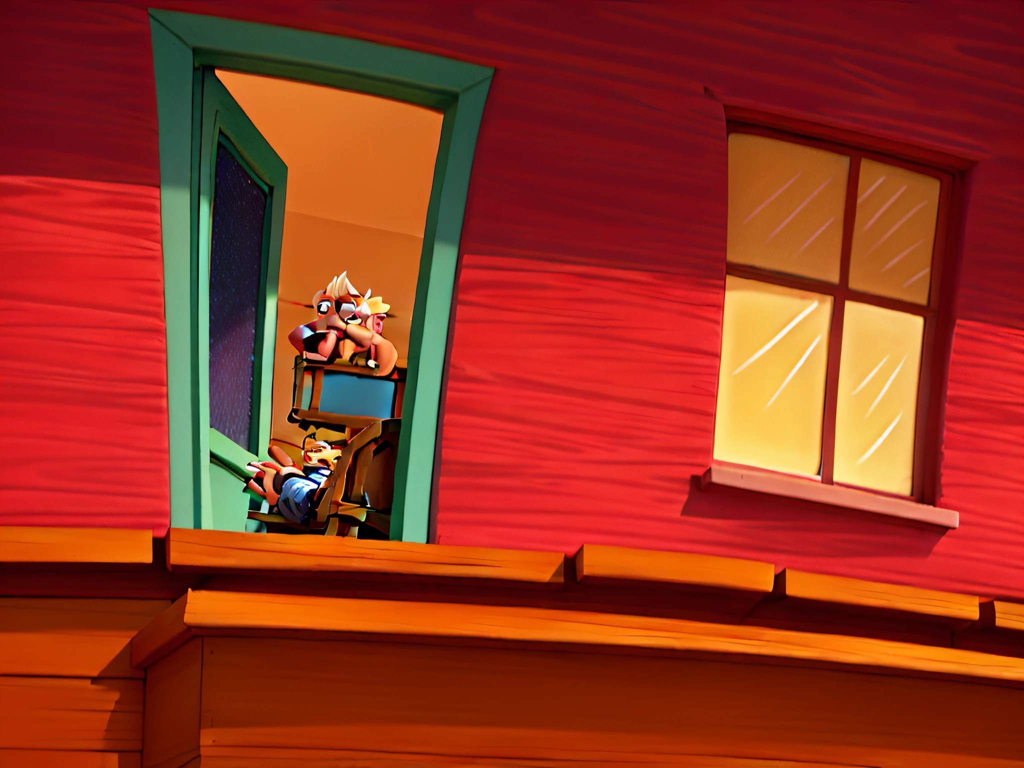 cartoon of a man sitting on a balcony looking out a window, courage the cowardly dog, animation still screencap, animated still, animated movie still, animated movie yet, ! movie scene, still a cartoon movie, greg ], still video game still, sam and max animation, still animated movie, toon aesthetic, 3 am, 3am, animated movie filmed, cartoon drawing, anime style, official art