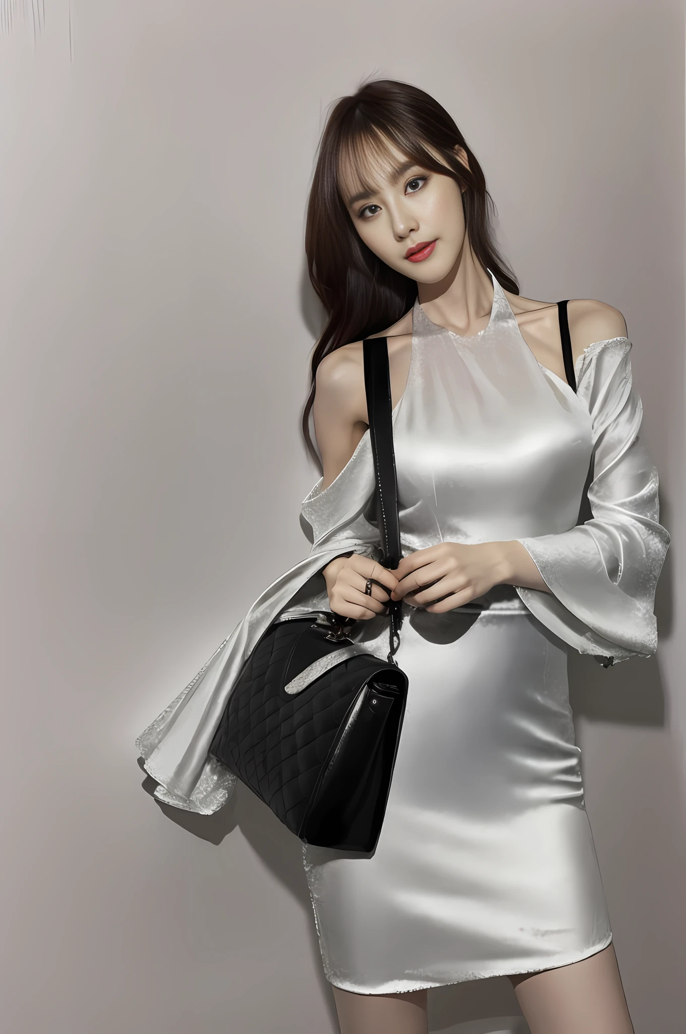 (Masterpiece, Best Quality, Master Work, Realistic, Octane Rendering, Surreal, High Contrast, 8K Wallpaper: 1.3), 1 Girl, Single, (Fair Skin, Solid Color Background: 1.2), Playful Arrangement, (Realistic Face: 1.2), (Halter Neck Slip Dress, Women's Light Luxury Sleeve Waist Sexy Shoulder Bag Hip Long Skirt), Gorgeous Fabric, Light on Face, Sharp Face, Long Hair, Light Makeup, Noble, Confident, (Full body: 1.5)