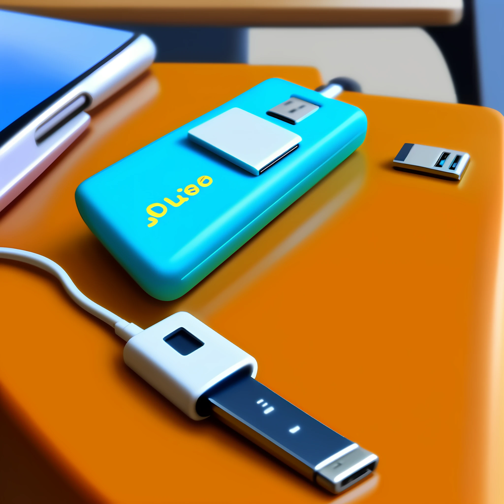 A USB stick on the table, give this USB stick a close-up, the overall bright style.