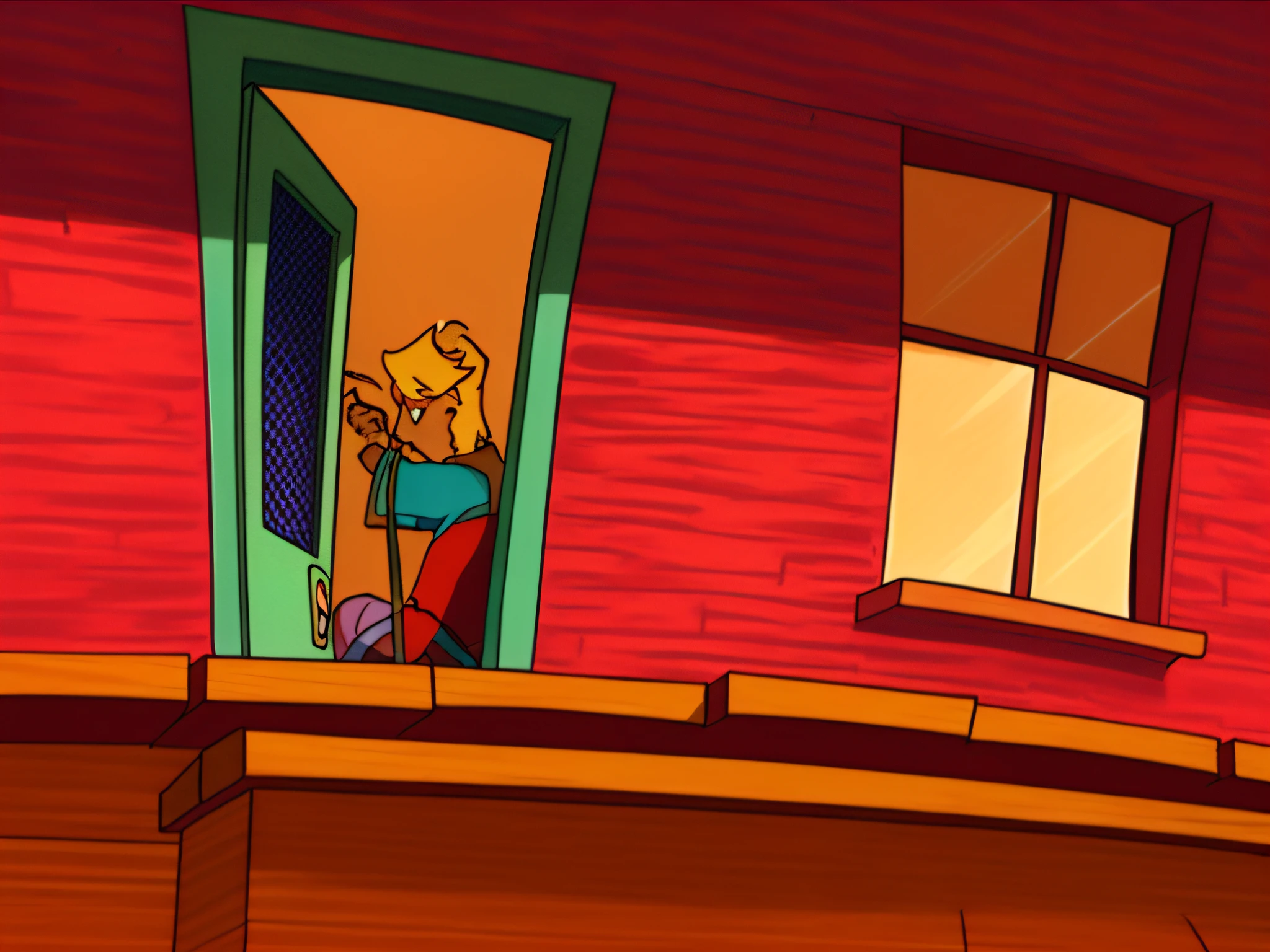 cartoon of a man sitting on a balcony looking out a window, courage the cowardly dog, animation still screencap, animated still, animated movie still, animated movie yet, ! movie scene, still a cartoon movie, greg ], still video game still, sam and max animation, still animated movie, toon aesthetic, 3 am, 3am, animated movie filmed, cartoon drawing, anime style, official art