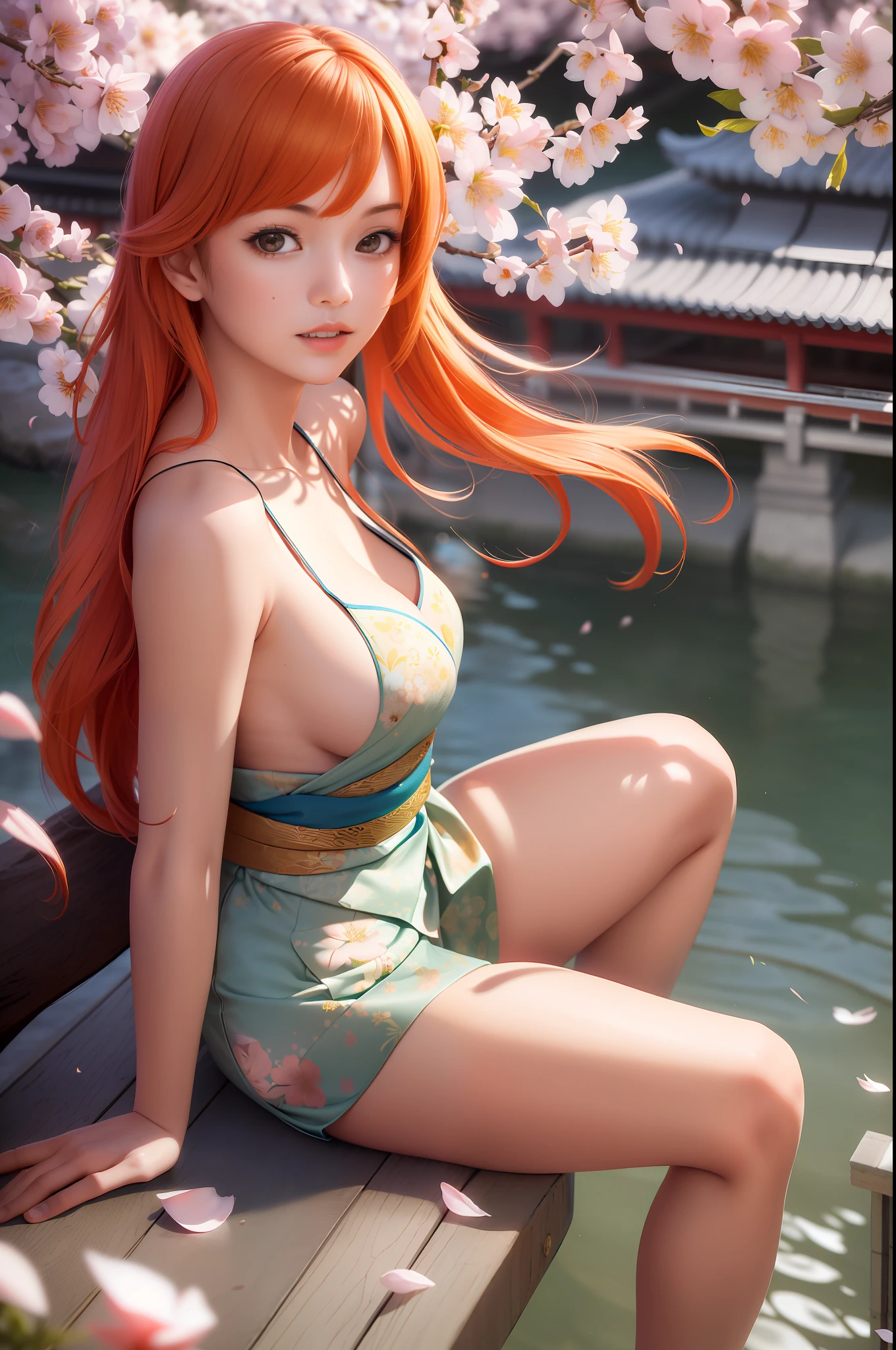 masterpiece, (photorealistic:1.5), best quality, beautiful lighting, real life,
nami \(one piece\),
1girl, architecture, cherry blossoms, east asian architecture, falling petals, gold, japanese clothes, kimono, log pose, long hair, looking at viewer, open mouth, orange hair, petals, shoulder tattoo, solo, tattoo, teeth, upper teeth only
, intricate, high detail, sharp focus, dramatic, beautiful girl , (RAW photo, 8k uhd, film grain), caustics, subsurface scattering, reflections