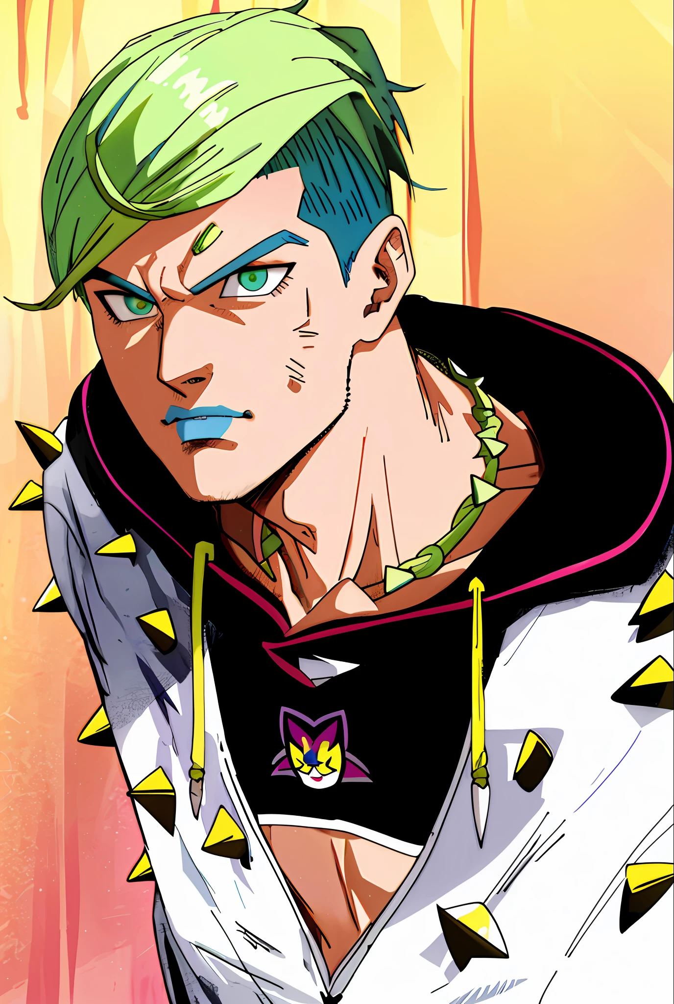 green hair, blue lips, stern face, yellow spikes, hoodie, yellow necklace, hd, highres