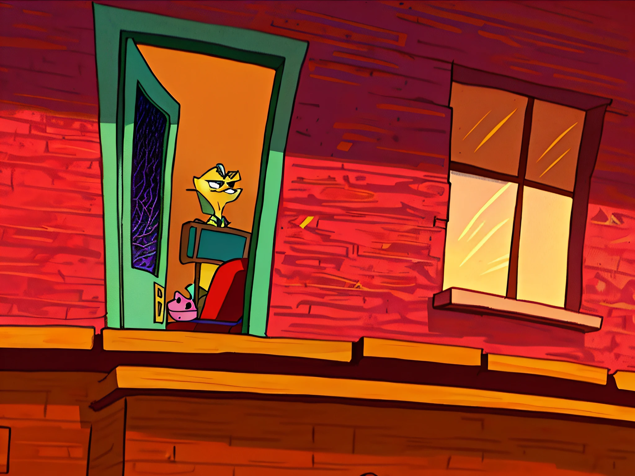 cartoon of a man sitting on a balcony looking out a window, courage the cowardly dog, animation still screencap, animated still, animated movie still, animated movie yet, ! movie scene, still a cartoon movie, greg ], still video game still, sam and max animation, still animated movie, toon aesthetic, 3 am, 3am, animated movie filmed, cartoon drawing, anime style, official art